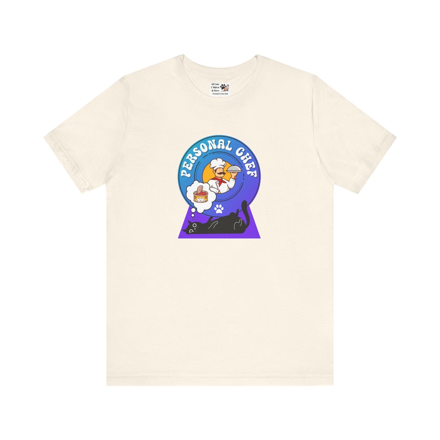 Personal Chef for Cats T-Shirt (#2 - Black Cat & Italian Chef, Blue Purple Design - Unisex Jersey Tee ā Perfect Cat Care Givers!)