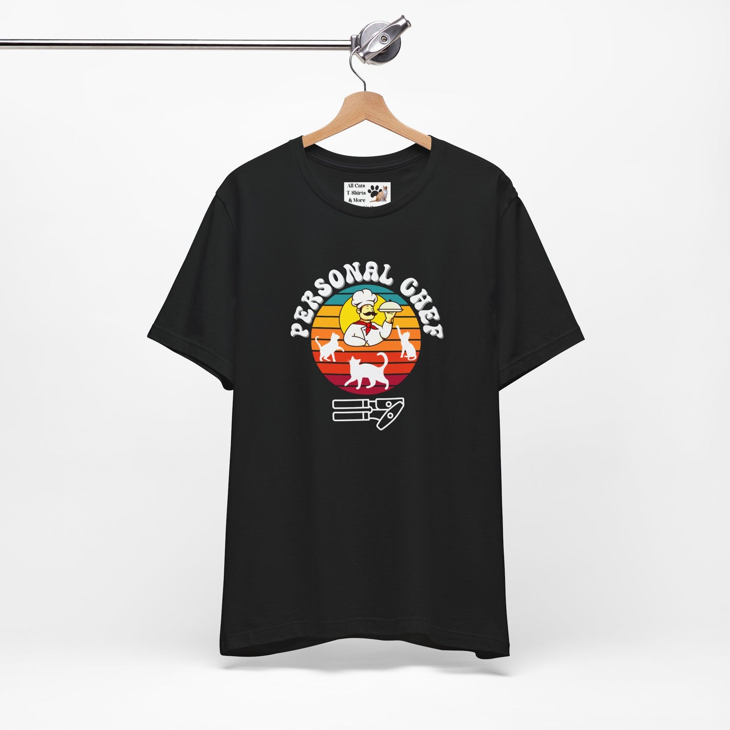 Vintage Sunset Personal Chef for Cats T-Shirt (#16 - Three Cats, Italian Chef & Can Opener - Unisex Jersey Tee – Funny Cat Tee)
