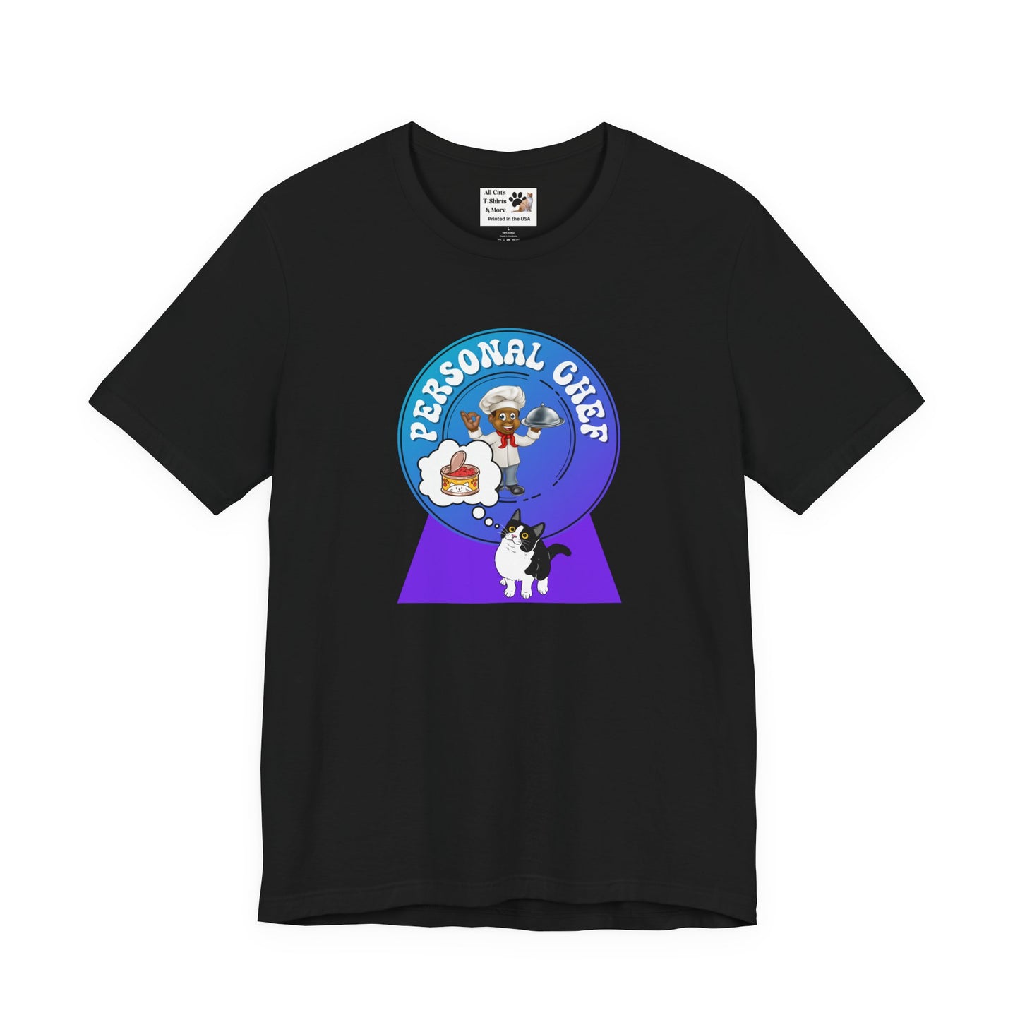 Personal Chef for Cats T-Shirt (#4 - Cat & Chef Blue Purple Design - Unisex Jersey Tee ā Perfect Cat Care Givers!)