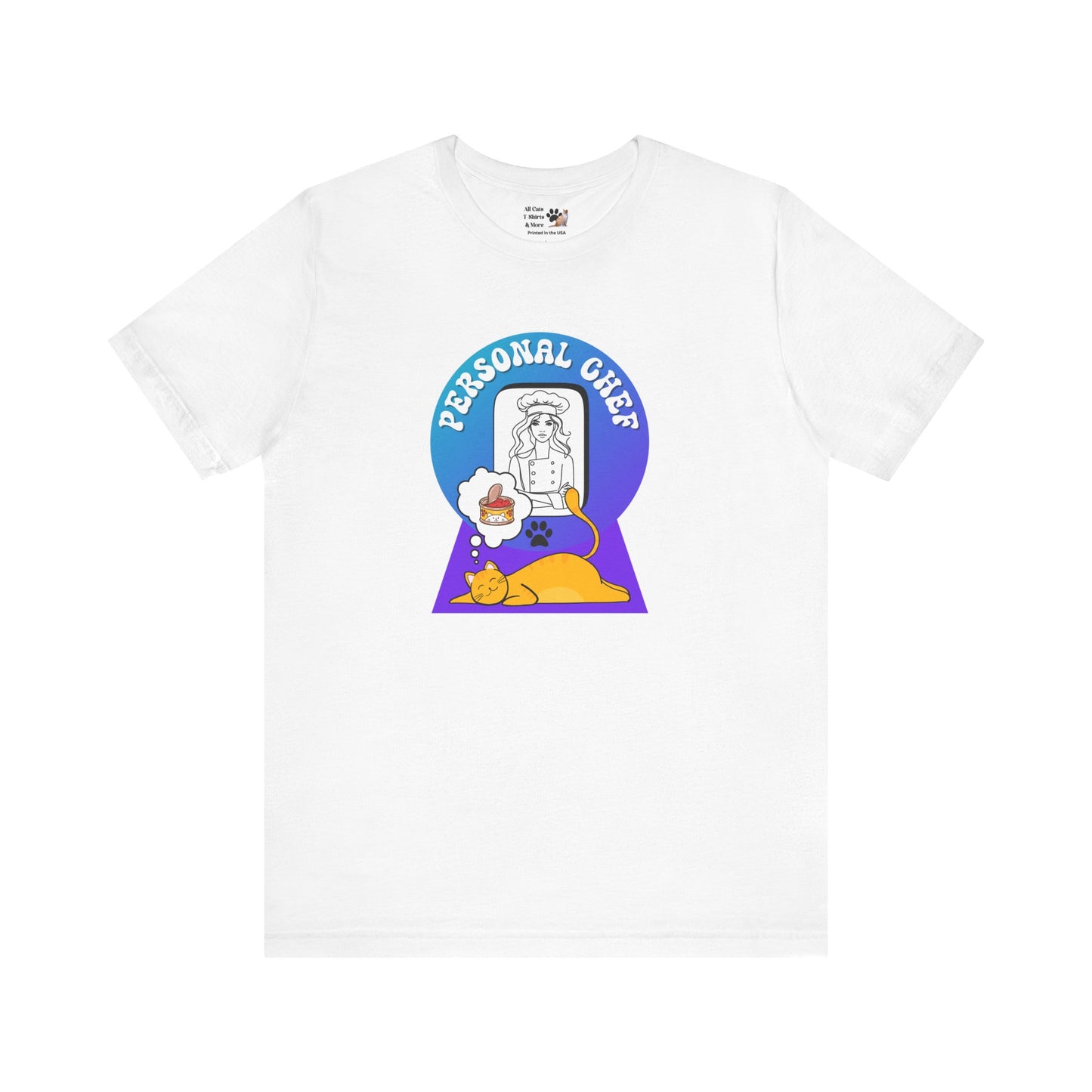 Personal Chef for Cats T-Shirt - (#12 - Orange Cat & Chef Blue Purple Design - Unisex Jersey Tee – Perfect for Cat Care Givers!)