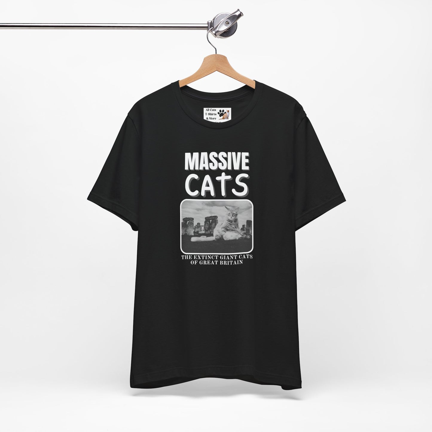 A Massive Cats T-Shirt - Huge Cat Sitting In Front of Stone Henge - (Vintage Inspired, Funny Cat Unisex Jersey Tee - Perfect for Cat Fans!)