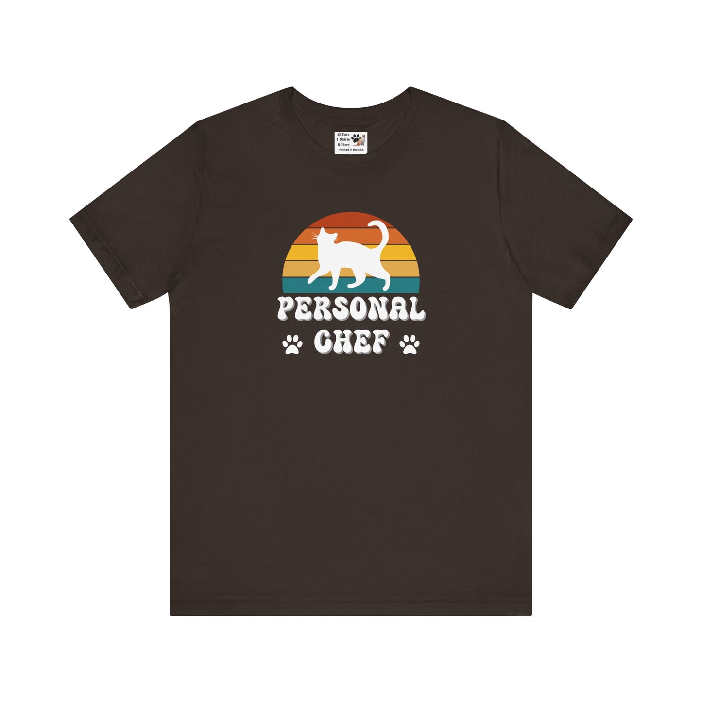 Vintage Sunset Personal Chef for Cats T-Shirt (#21 - White Cat Silhouette & Paw Prints - Unisex Jersey Tee)