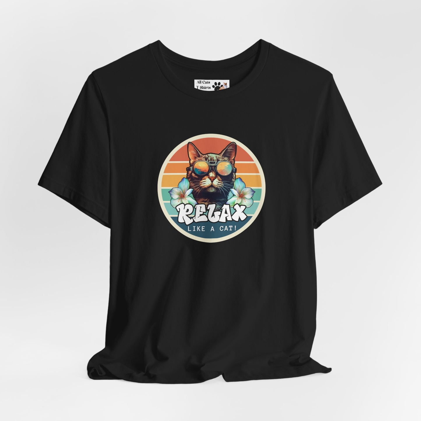 Relax Like a Cat T-Shirt - (Vintage Sunset Style Graphic, Chill Cat Graphic Tee, Unisex Casual Wear, Gift for Cat Lovers)