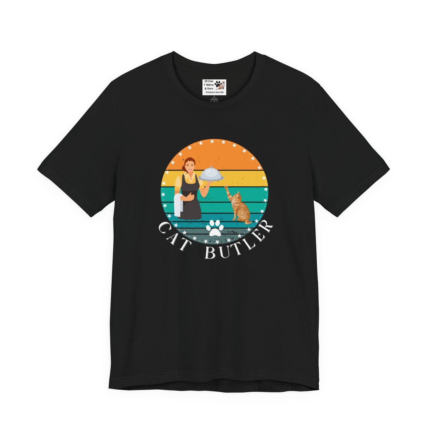 "Cat Butler" T-Shirt - With Vintage Sunset Graphic - (Unisex Jersey Short Sleeve Tee - Perfect Gift for Cat Lovers!)