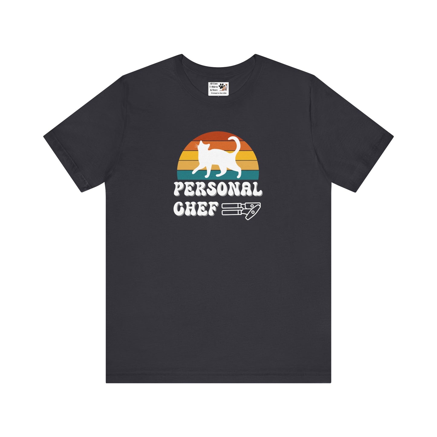 Vintage Sunset Personal Chef for Cats T-Shirt (#17 - White Cat Silhouette & Can Opener - Unisex Jersey Tee – Funny Cat Tee)