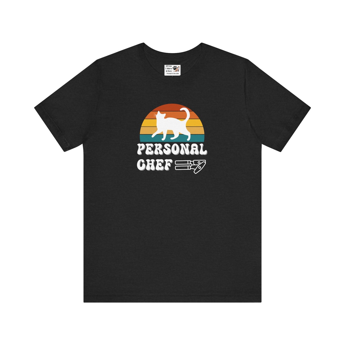 Vintage Sunset Personal Chef for Cats T-Shirt (#17 - White Cat Silhouette & Can Opener - Unisex Jersey Tee – Funny Cat Tee)