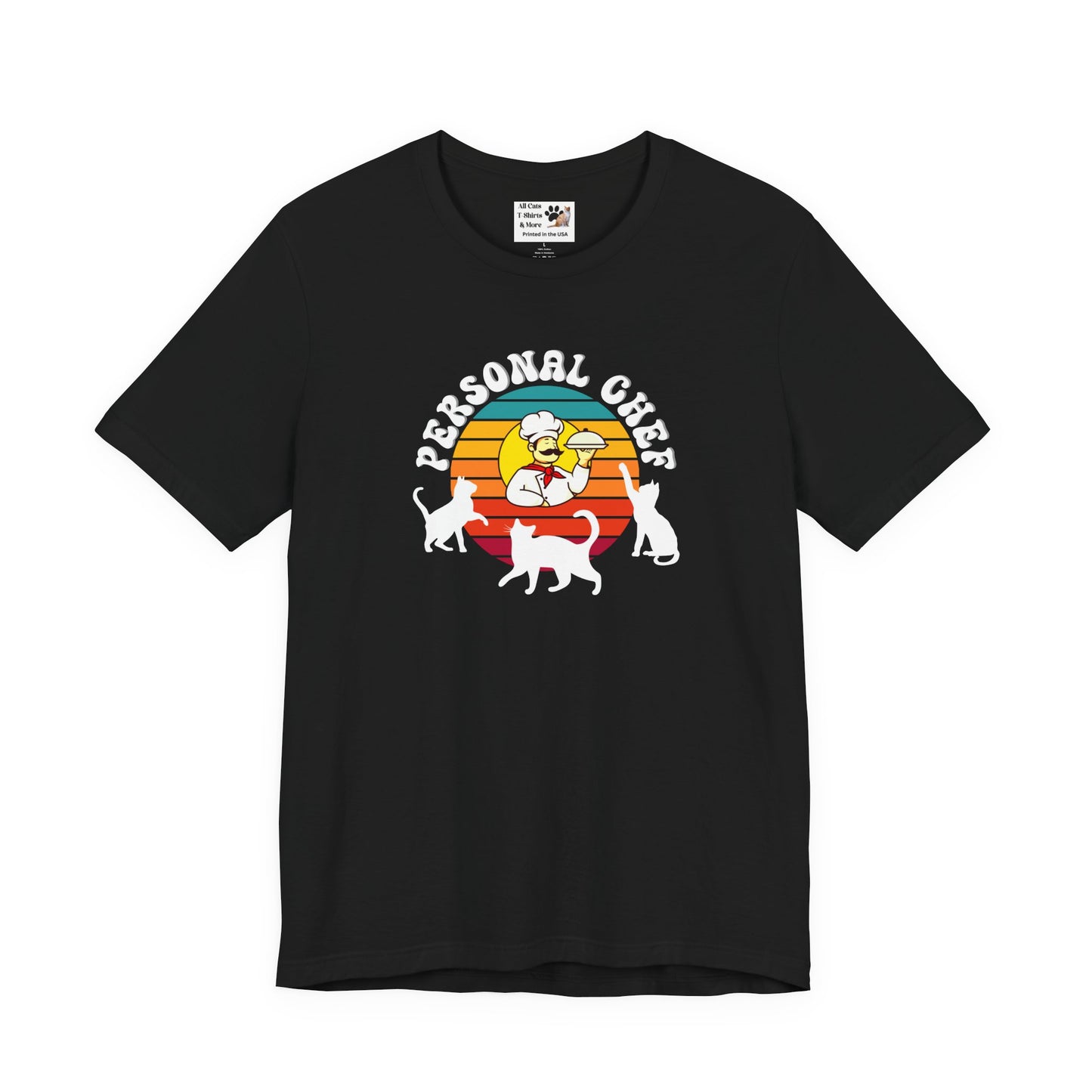 Vintage Style Personal Chef for Cats T-Shirt (#15 - Cat, Chef & Can Opener - Unisex Jersey Tee ā Funny Cat Tee)