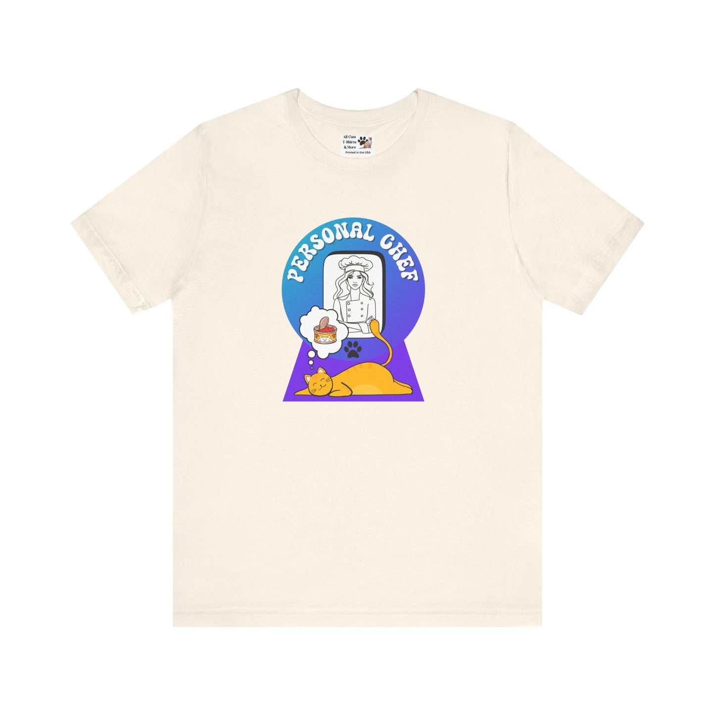 Personal Chef for Cats T-Shirt - (#12 - Orange Cat & Chef Blue Purple Design - Unisex Jersey Tee – Perfect for Cat Care Givers!)