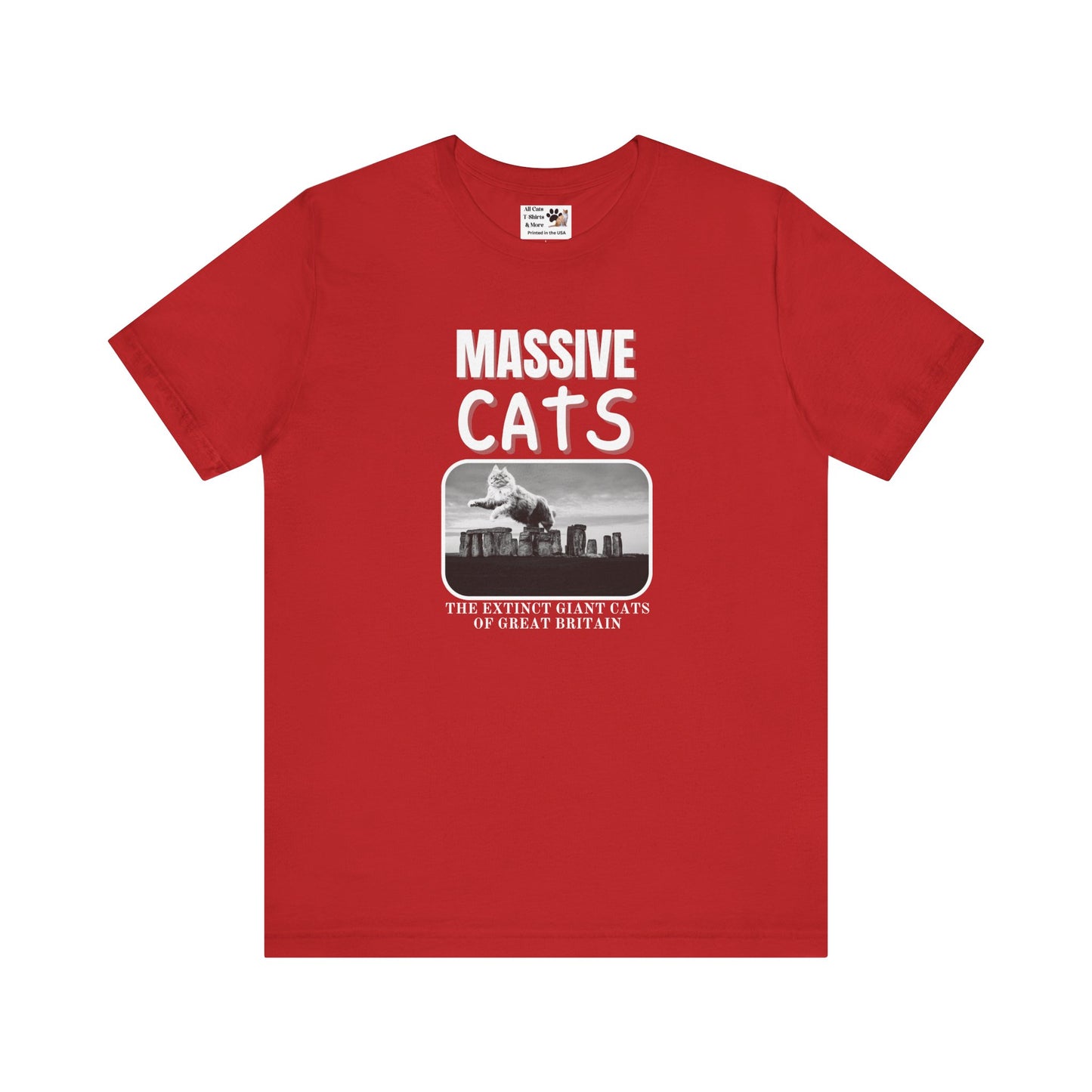 A Massive Cats T-Shirt - Huge Cat Jumping Over Stone Henge - (Funny Cat Unisex Jersey Tee - Perfect for Cat Fans!)