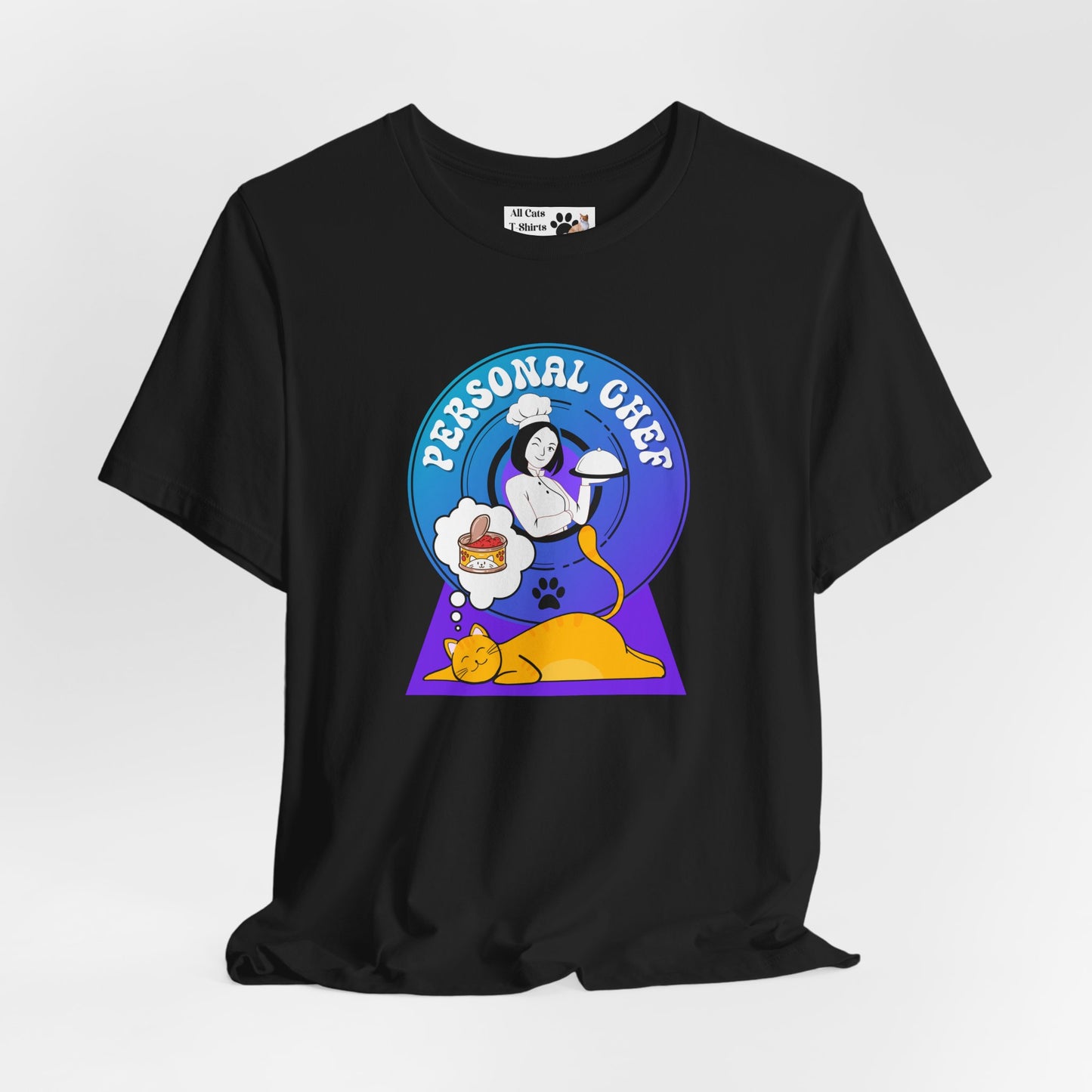 Personal Chef for Cats T-Shirt - (#6 - Orange Cat & Chef Blue Purple Design - Unisex Jersey Tee – Perfect for Cat Care Givers!)