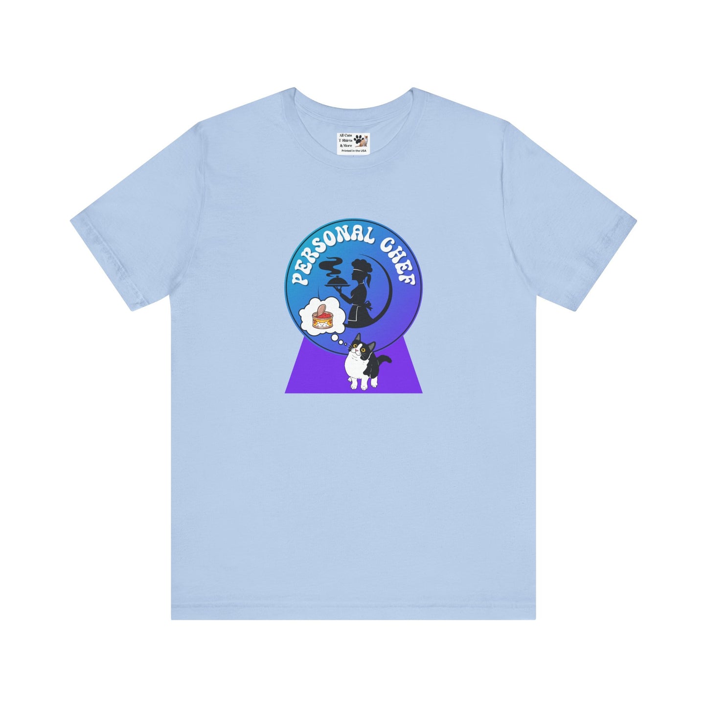 Personal Chef for Cats T-Shirt - (#9 - B/W Cat & Chef Silhouette Blue Purple Design - Unisex Jersey Tee ā Perfect for Cat Care Givers!)