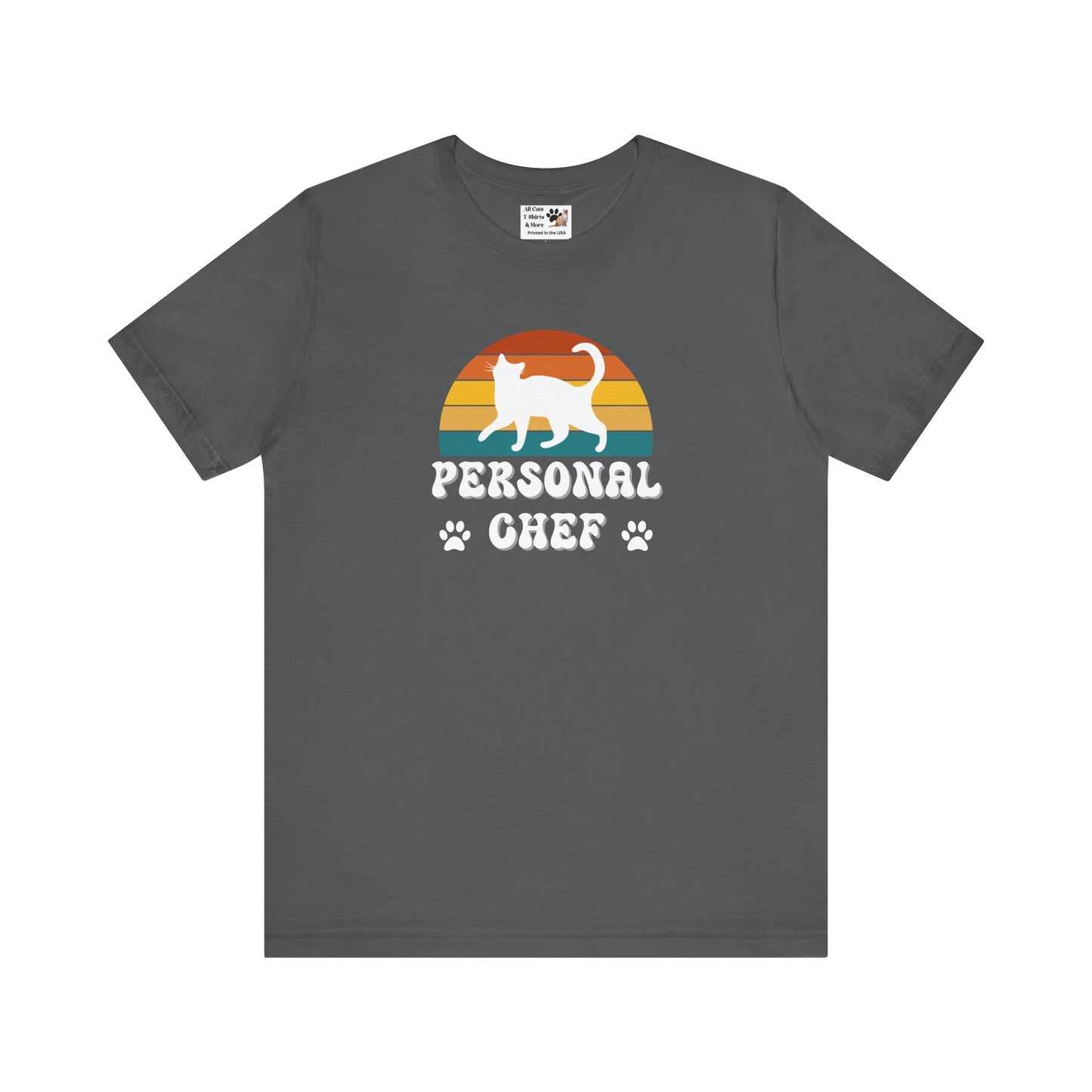 Vintage Sunset Personal Chef for Cats T-Shirt (#21 - White Cat Silhouette & Paw Prints - Unisex Jersey Tee)