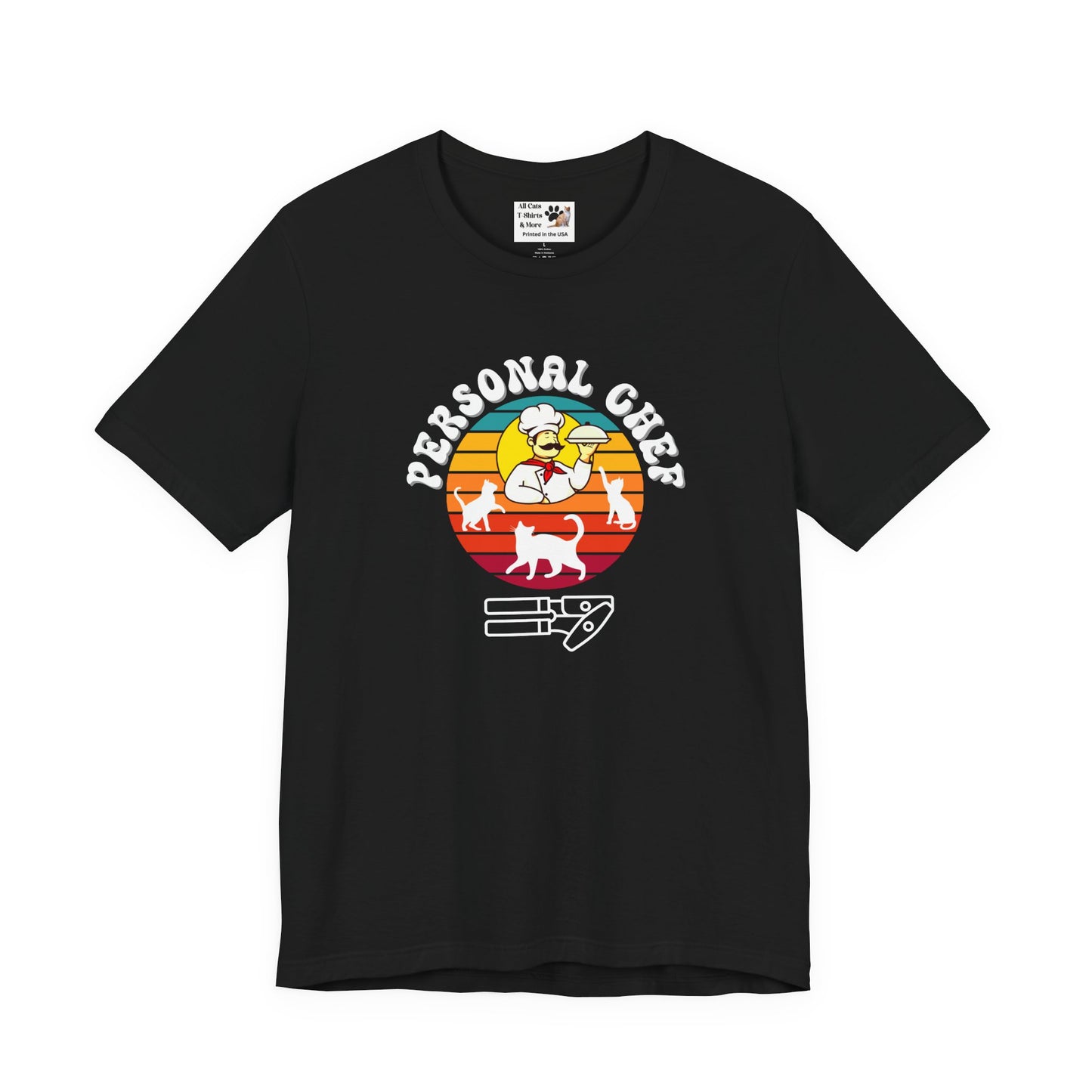 Vintage Sunset Personal Chef for Cats T-Shirt (#16 - Three Cats, Italian Chef & Can Opener - Unisex Jersey Tee – Funny Cat Tee)