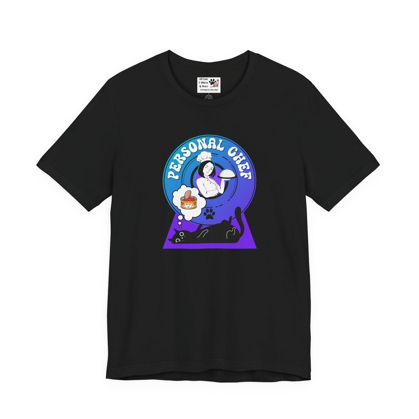 Personal Chef for Cats T-Shirt - (#7 - Black Cat & Chef Blue Purple Design - Unisex Jersey Tee – Perfect for Cat Care Givers!)