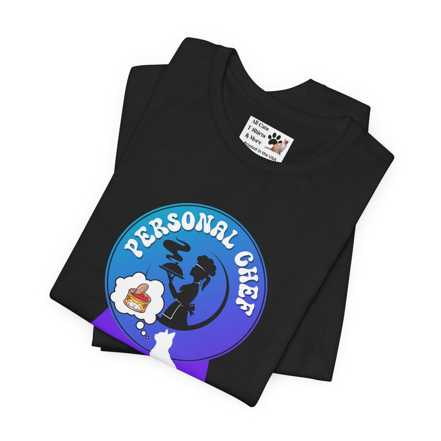 Personal Chef for Cats T-Shirt - (#10 - White Cat & Chef Silhouettes Blue Purple Design - Unisex Jersey Tee – Perfect for Cat Care Givers!)