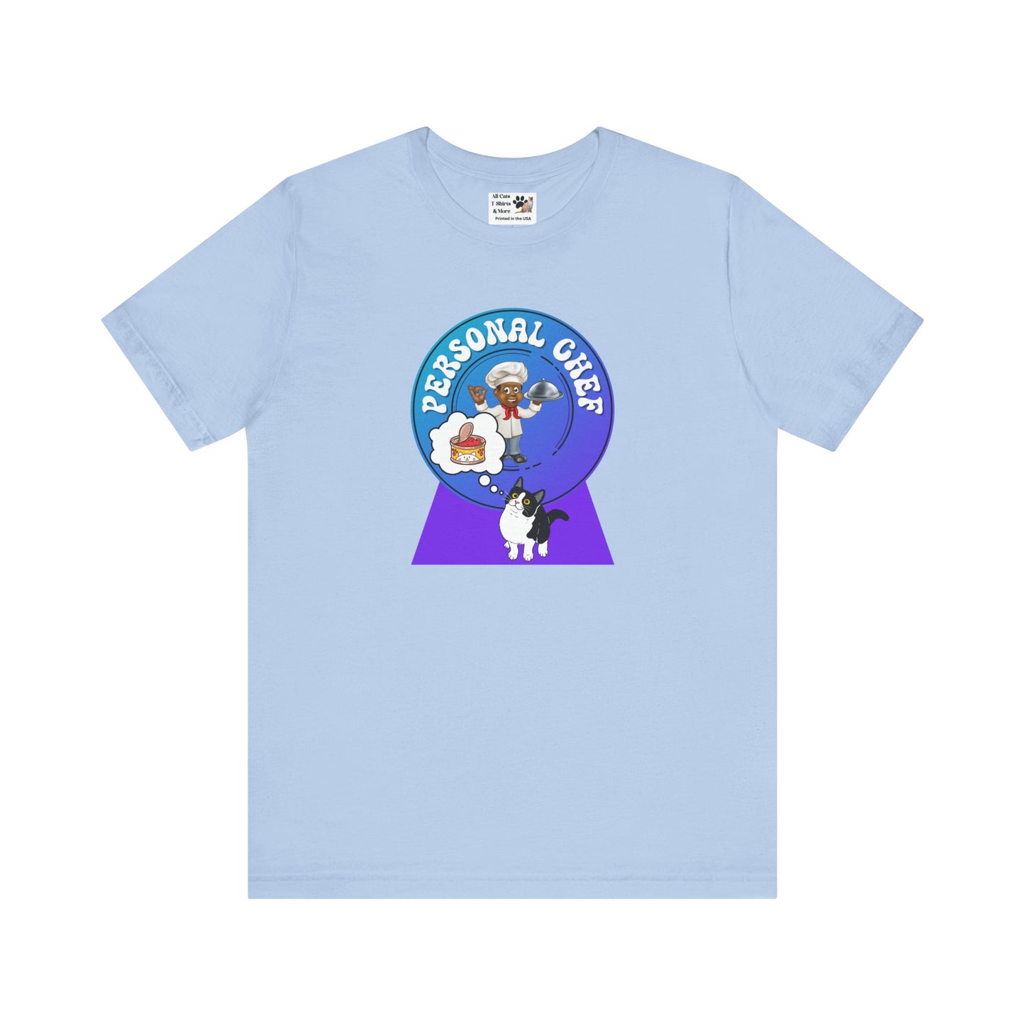 Personal Chef for Cats T-Shirt (#4 - Cat & Chef Blue Purple Design - Unisex Jersey Tee ā Perfect Cat Care Givers!)