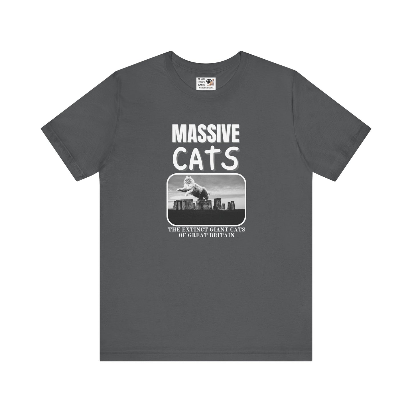 A Massive Cats T-Shirt - Huge Cat Jumping Over Stone Henge - (Funny Cat Unisex Jersey Tee - Perfect for Cat Fans!)