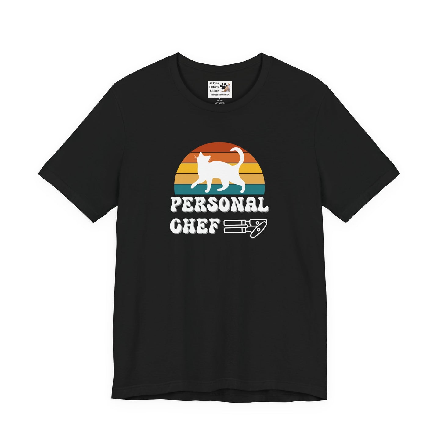 Vintage Sunset Personal Chef for Cats T-Shirt (#17 - White Cat Silhouette & Can Opener - Unisex Jersey Tee – Funny Cat Tee)