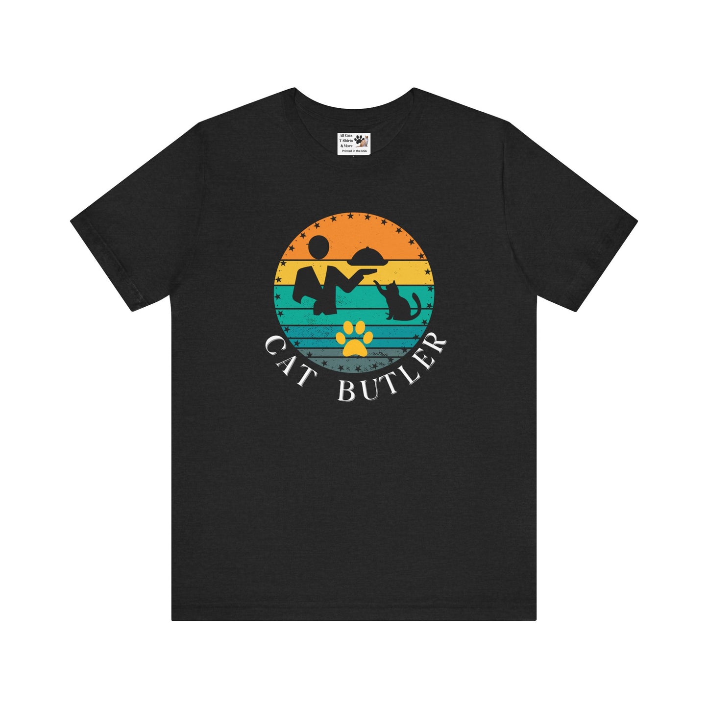 "Cat Butler" T-Shirt - With Vintage Sunset Style Graphic - (Unisex Jersey Short Sleeve Tee - Perfect Gift for Cat Lovers!)