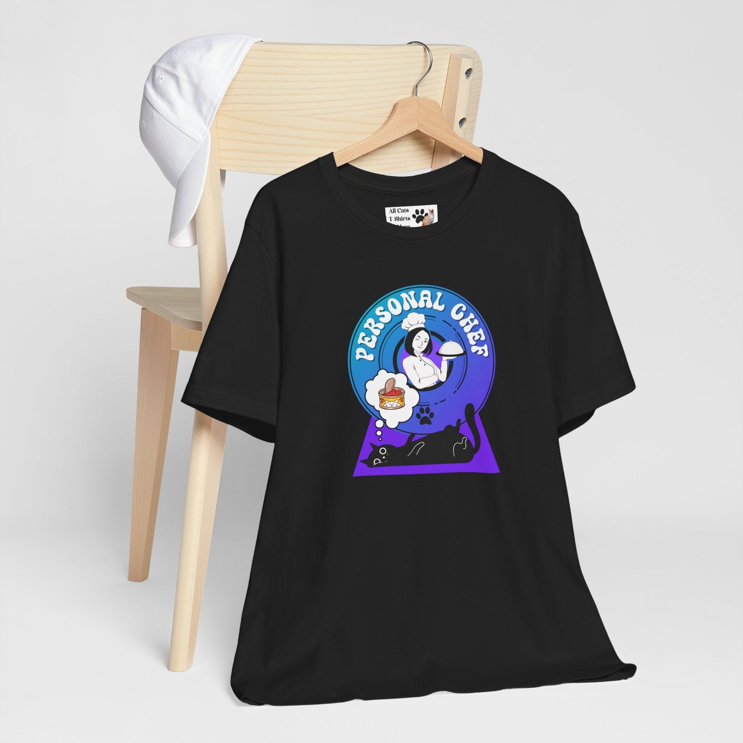Personal Chef for Cats T-Shirt - (#7 - Black Cat & Chef Blue Purple Design - Unisex Jersey Tee – Perfect for Cat Care Givers!)