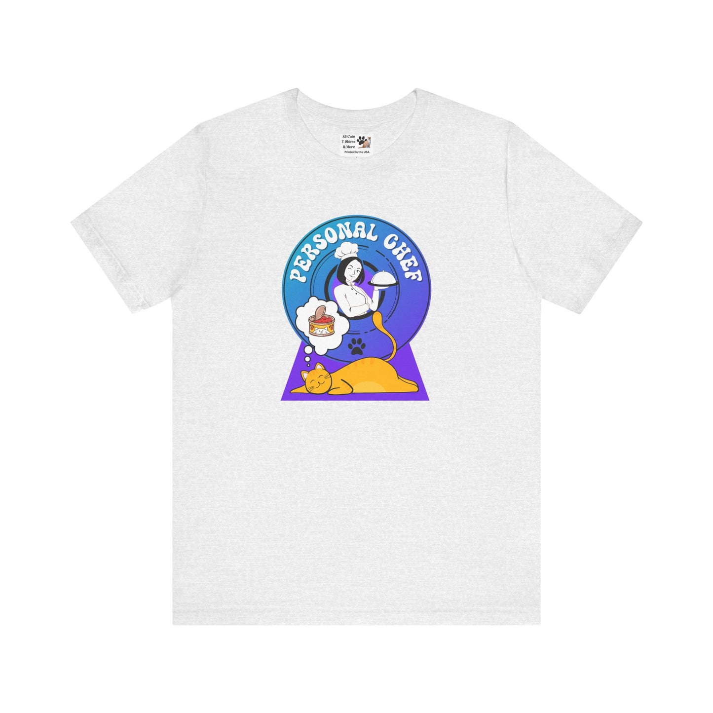 Personal Chef for Cats T-Shirt - (#6 - Orange Cat & Chef Blue Purple Design - Unisex Jersey Tee – Perfect for Cat Care Givers!)