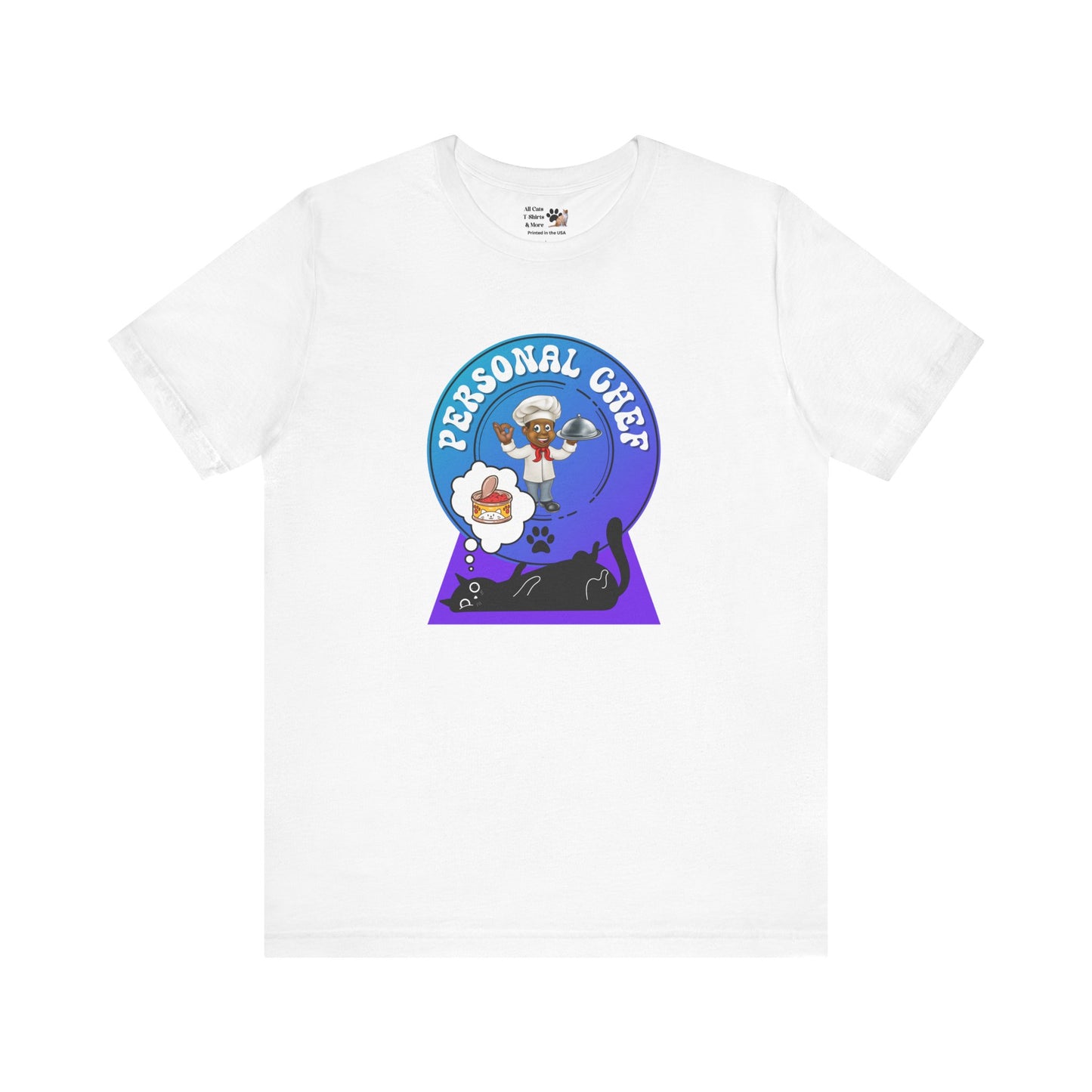 Personal Chef for Cats T-Shirt (#5 - Black Cat & Chef Blue Purple Design - Unisex Jersey Tee – Perfect Cat Care Givers!)