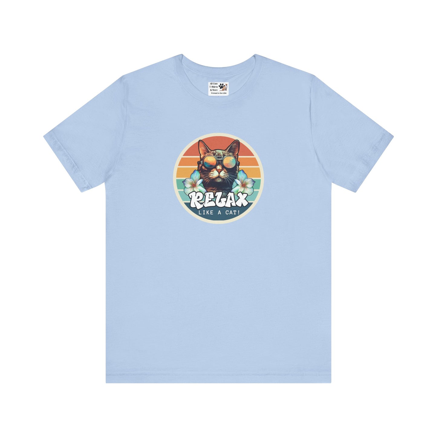 Relax Like a Cat T-Shirt - (Vintage Sunset Style Graphic, Chill Cat Graphic Tee, Unisex Casual Wear, Gift for Cat Lovers)