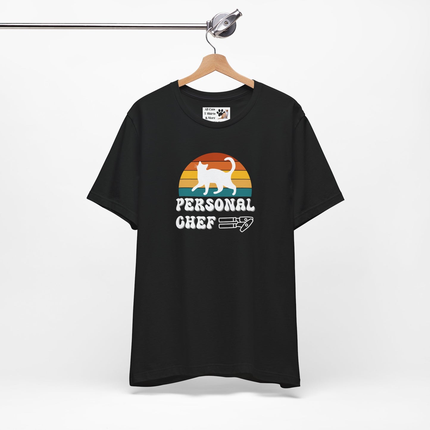 Vintage Sunset Personal Chef for Cats T-Shirt (#17 - White Cat Silhouette & Can Opener - Unisex Jersey Tee – Funny Cat Tee)