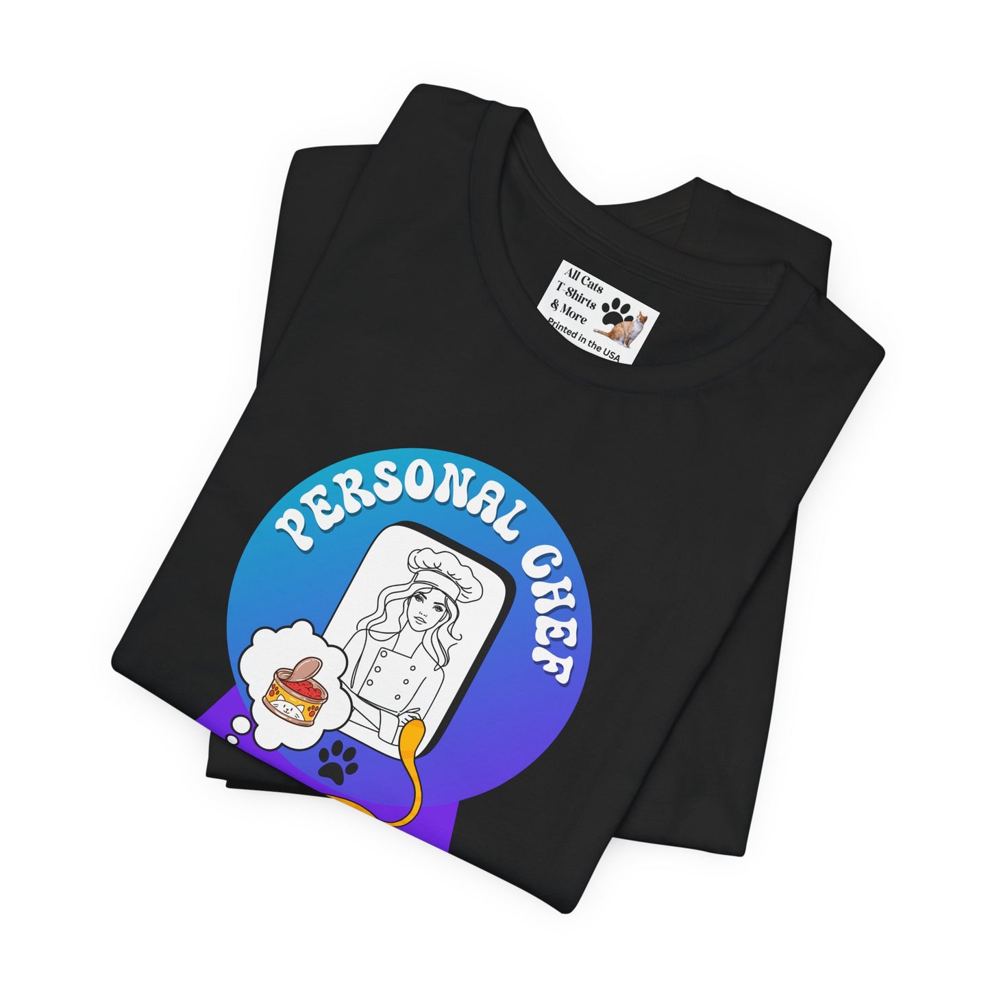 Personal Chef for Cats T-Shirt - (#12 - Orange Cat & Chef Blue Purple Design - Unisex Jersey Tee – Perfect for Cat Care Givers!)