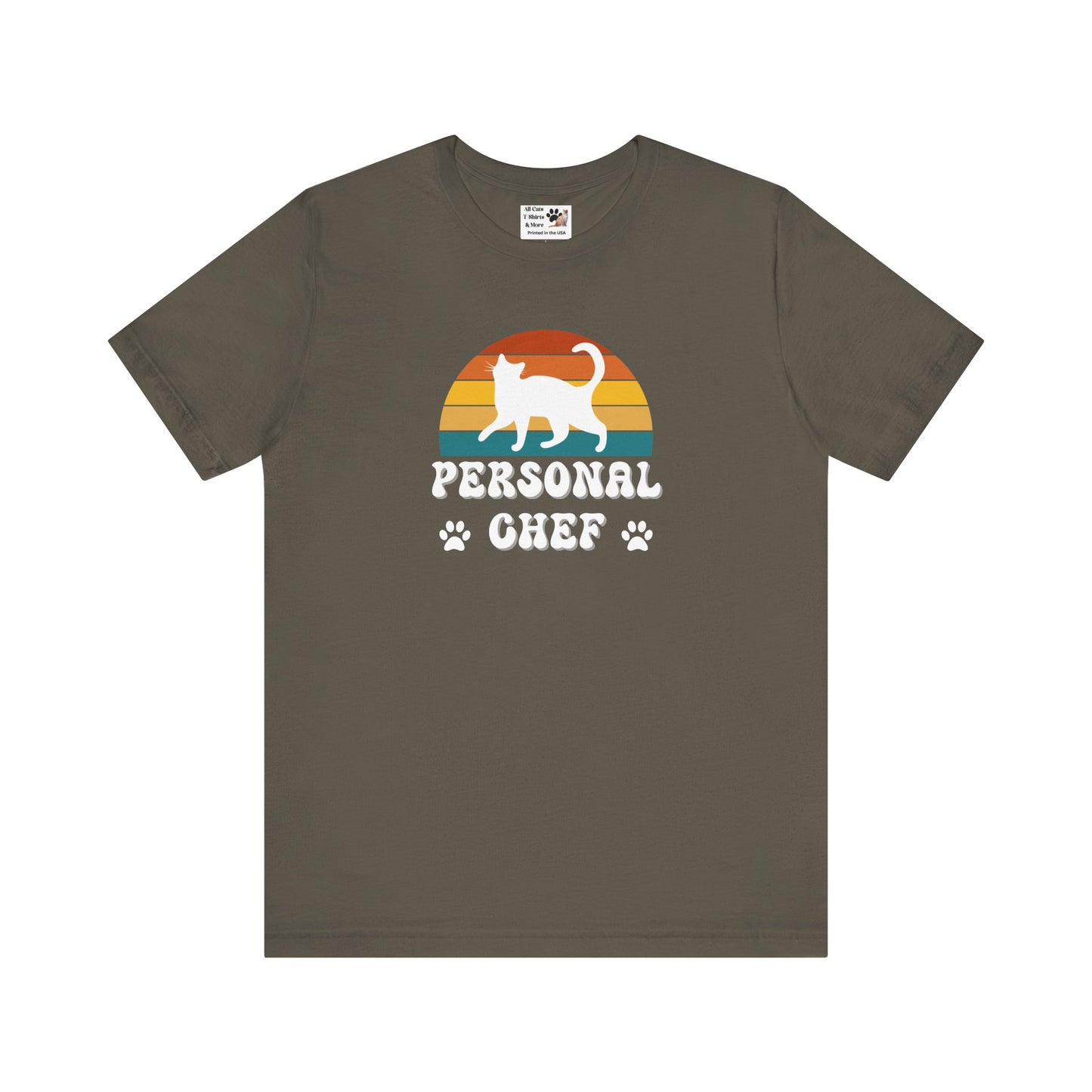 Vintage Sunset Personal Chef for Cats T-Shirt (#21 - White Cat Silhouette & Paw Prints - Unisex Jersey Tee)