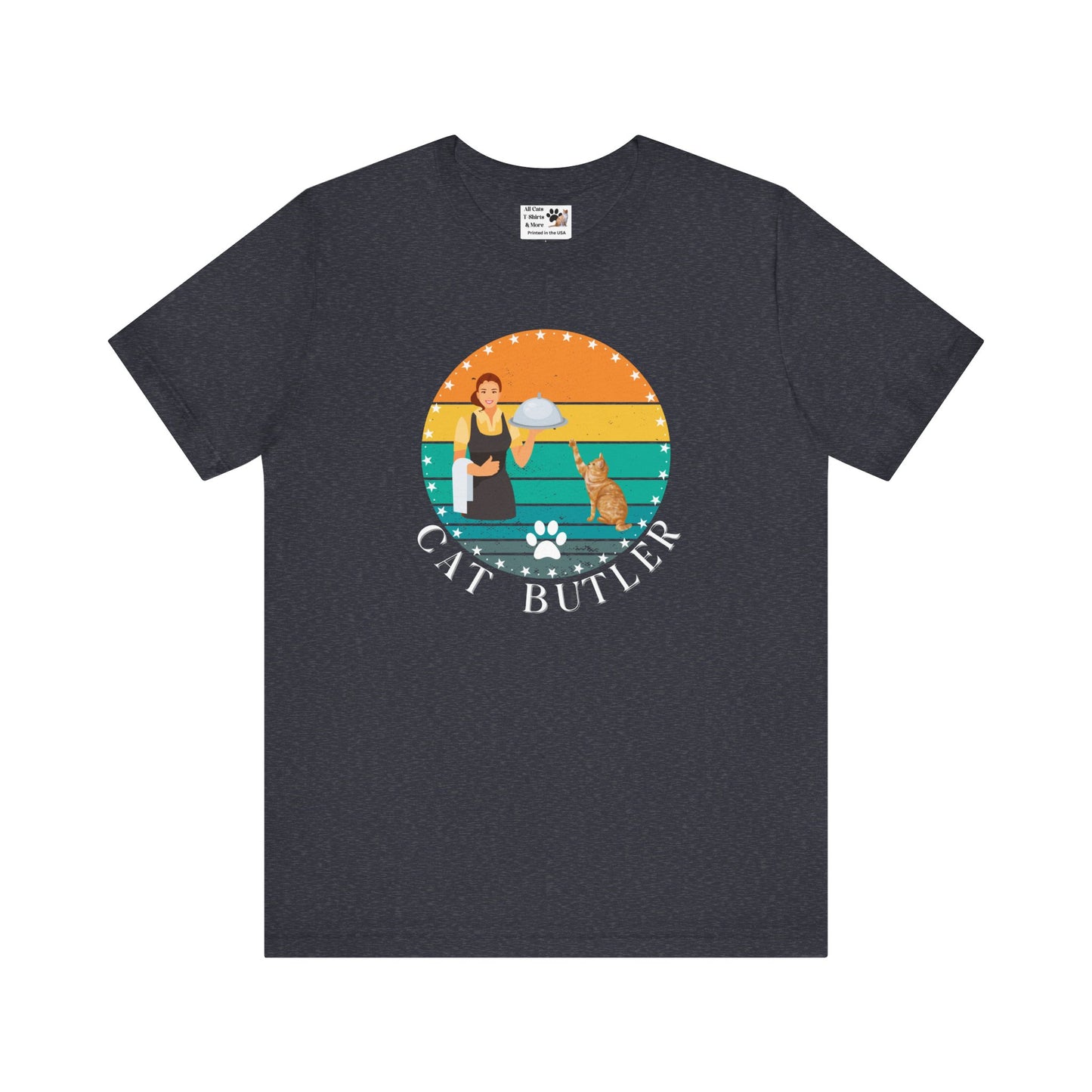 "Cat Butler" T-Shirt - With Vintage Sunset Graphic - (Unisex Jersey Short Sleeve Tee - Perfect Gift for Cat Lovers!)