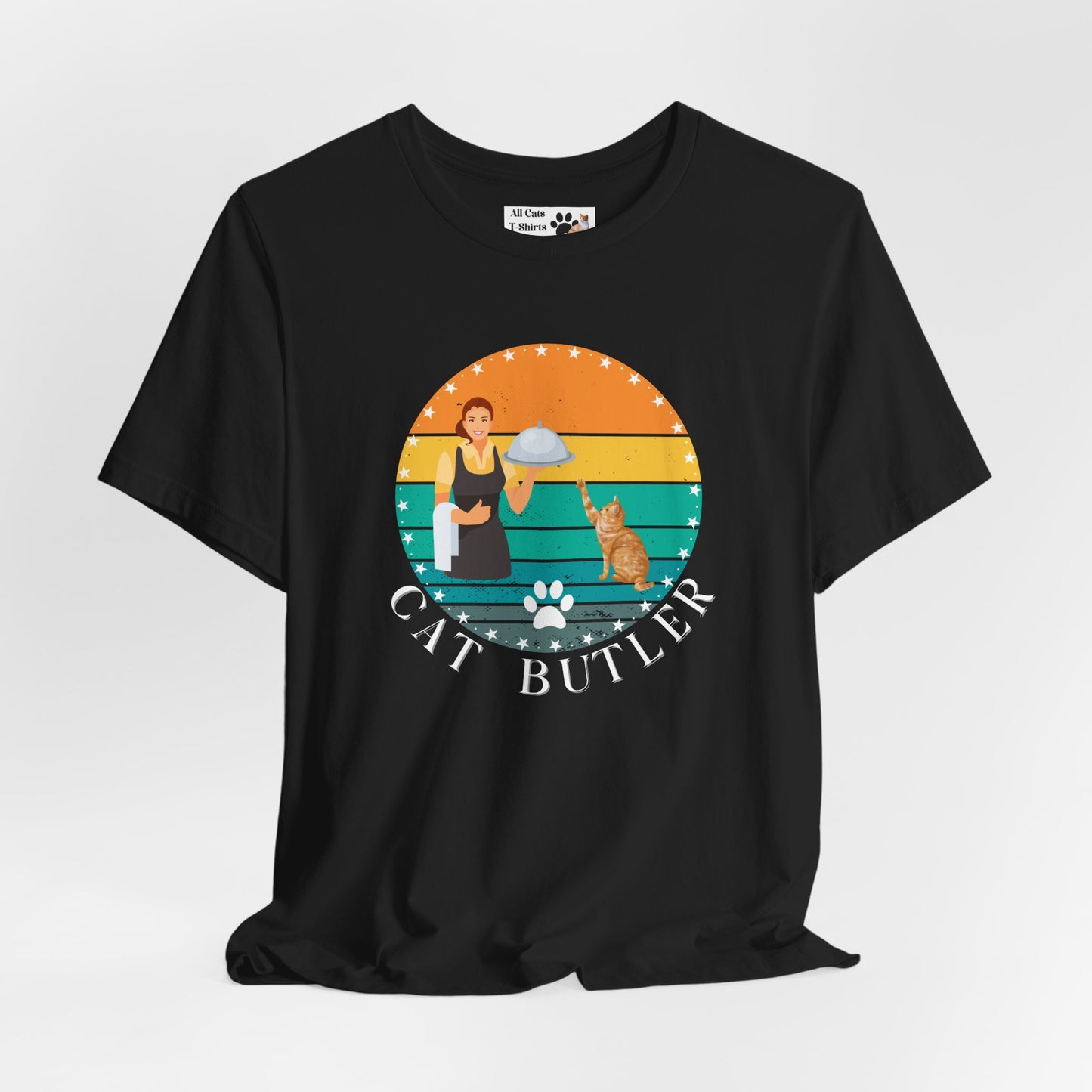 "Cat Butler" T-Shirt - With Vintage Sunset Graphic - (Unisex Jersey Short Sleeve Tee - Perfect Gift for Cat Lovers!)