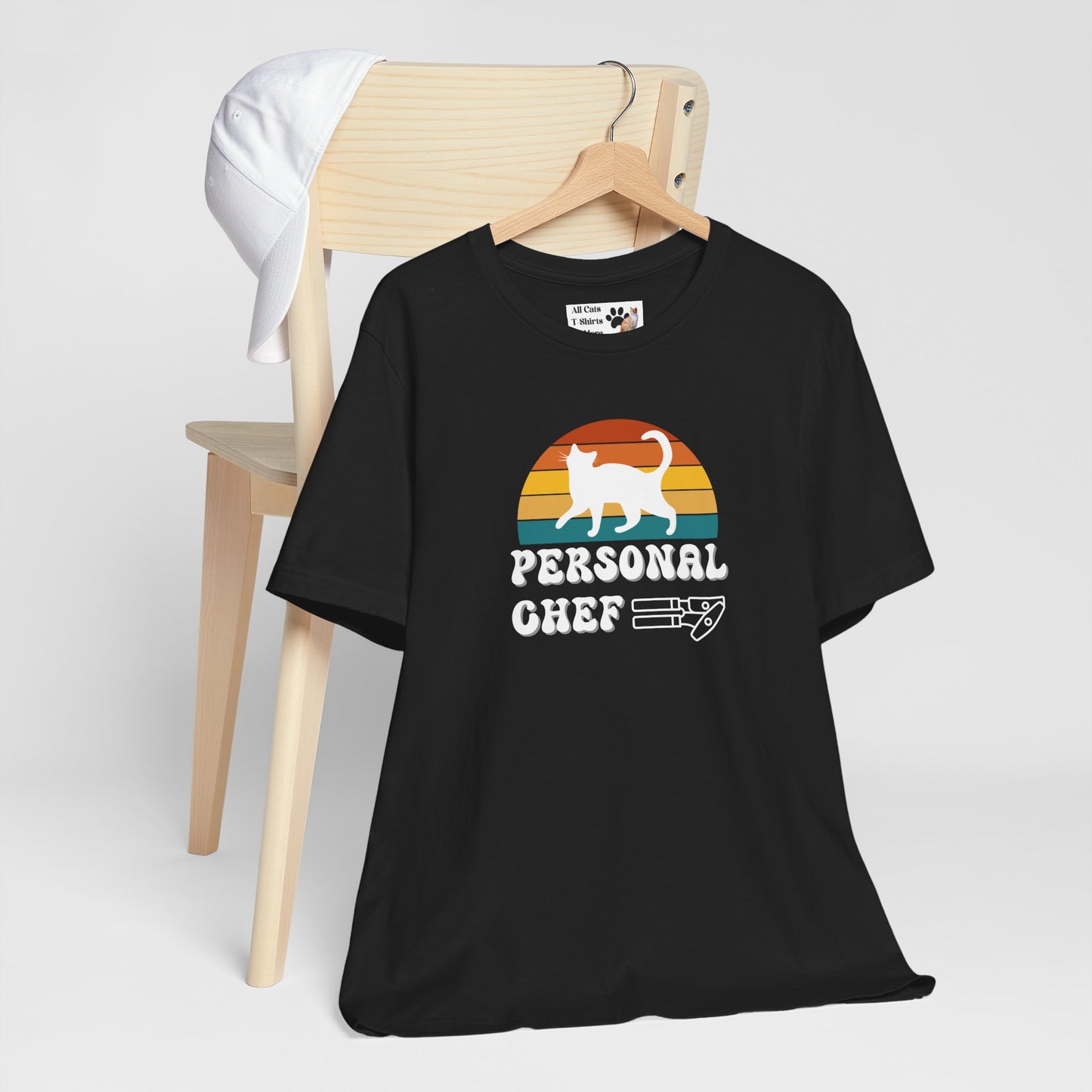 Vintage Sunset Personal Chef for Cats T-Shirt (#17 - White Cat Silhouette & Can Opener - Unisex Jersey Tee – Funny Cat Tee)