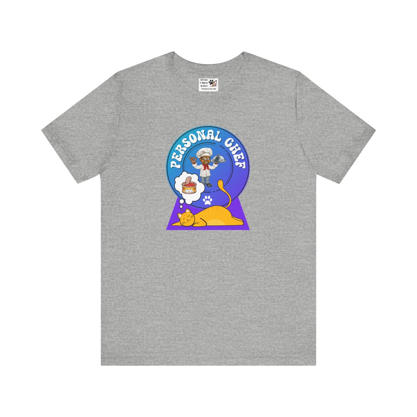 Personal Chef for Cats T-Shirt (#3 - Orange Cat & Chef Blue Purple Design - Unisex Jersey Tee – Perfect Cat Care Givers!)