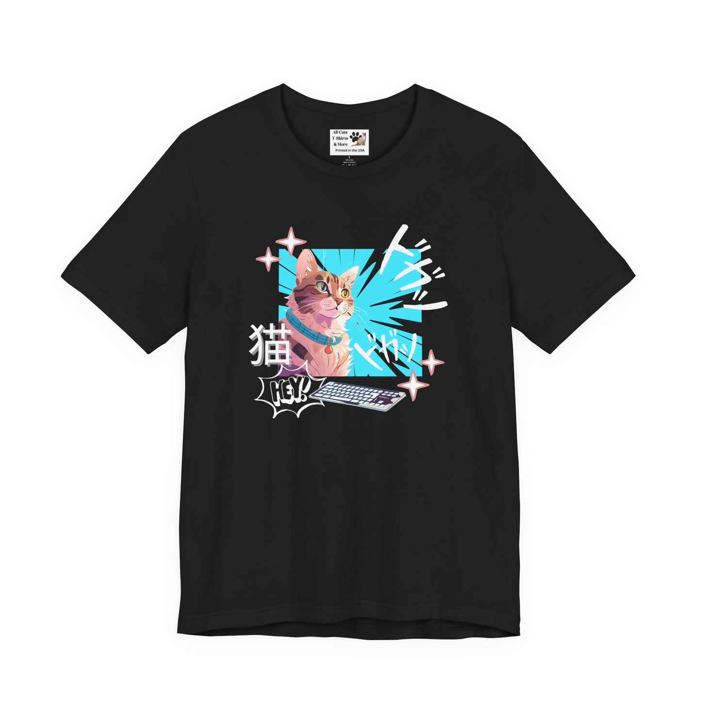 Cat & Keyboard "Kaboom" - Japanese Anime Style Graphic Tee - (Unisex Jersey Short Sleeve Tee for Cat Lovers)