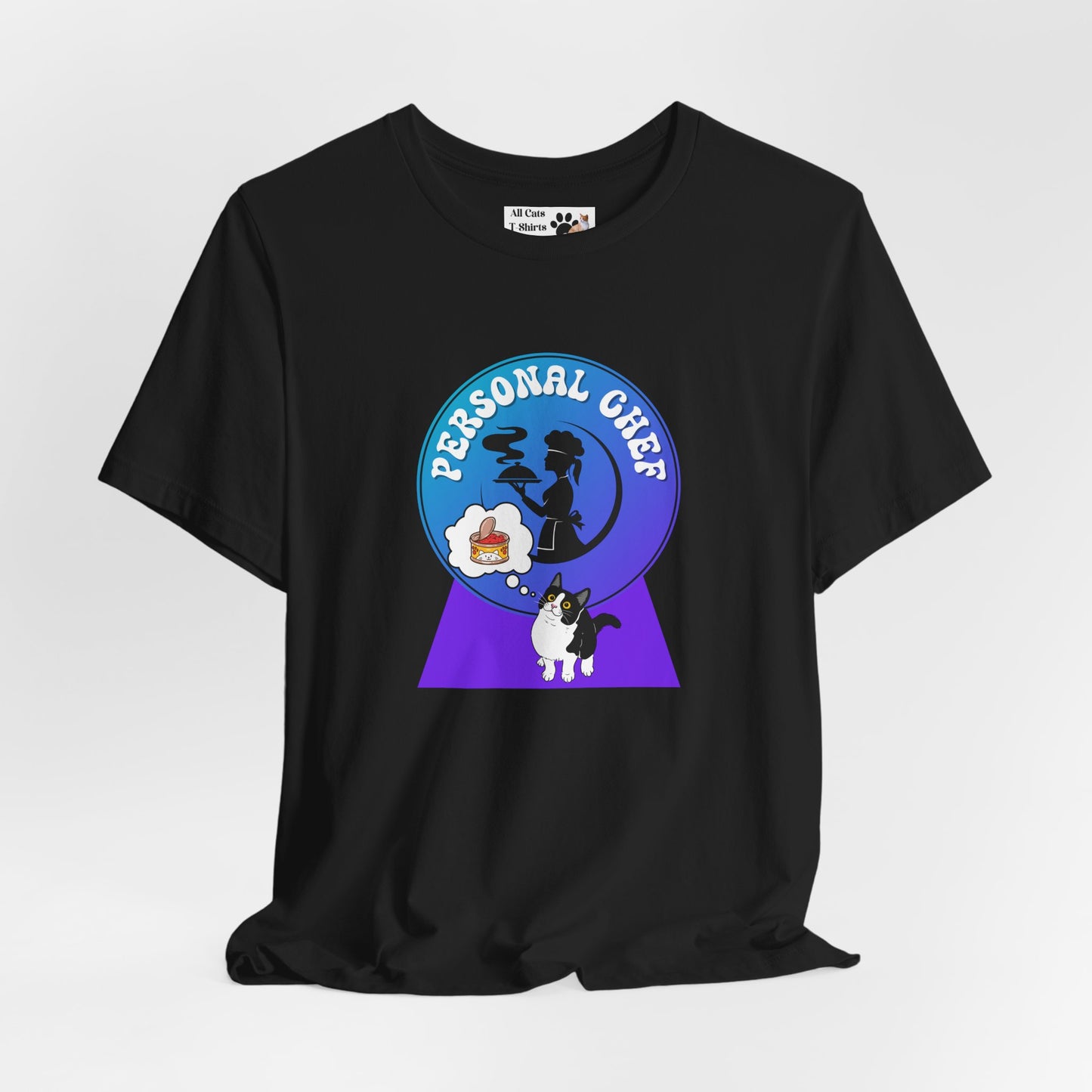 Personal Chef for Cats T-Shirt - (#9 - B/W Cat & Chef Silhouette Blue Purple Design - Unisex Jersey Tee ā Perfect for Cat Care Givers!)
