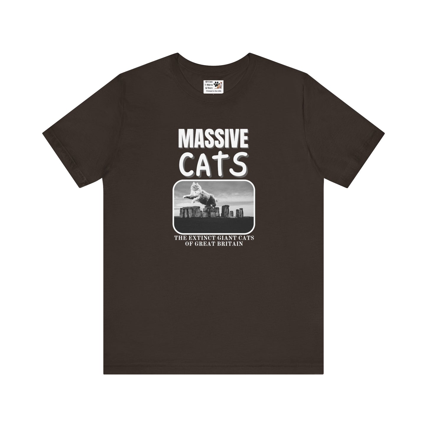 A Massive Cats T-Shirt - Huge Cat Jumping Over Stone Henge - (Funny Cat Unisex Jersey Tee - Perfect for Cat Fans!)