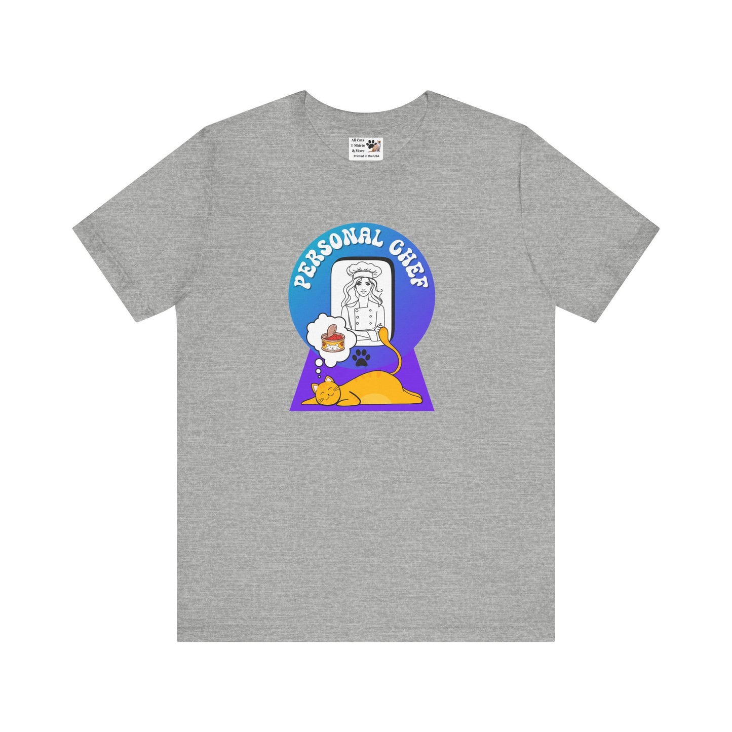 Personal Chef for Cats T-Shirt - (#12 - Orange Cat & Chef Blue Purple Design - Unisex Jersey Tee – Perfect for Cat Care Givers!)
