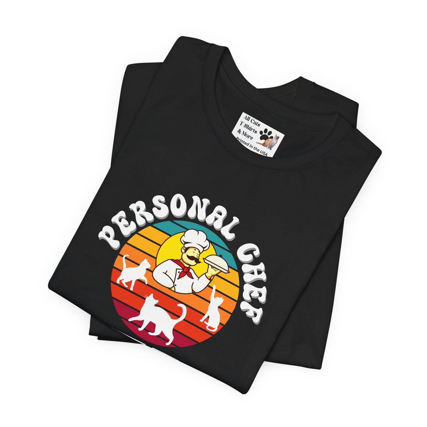 Vintage Sunset Personal Chef for Cats T-Shirt (#16 - Three Cats, Italian Chef & Can Opener - Unisex Jersey Tee – Funny Cat Tee)