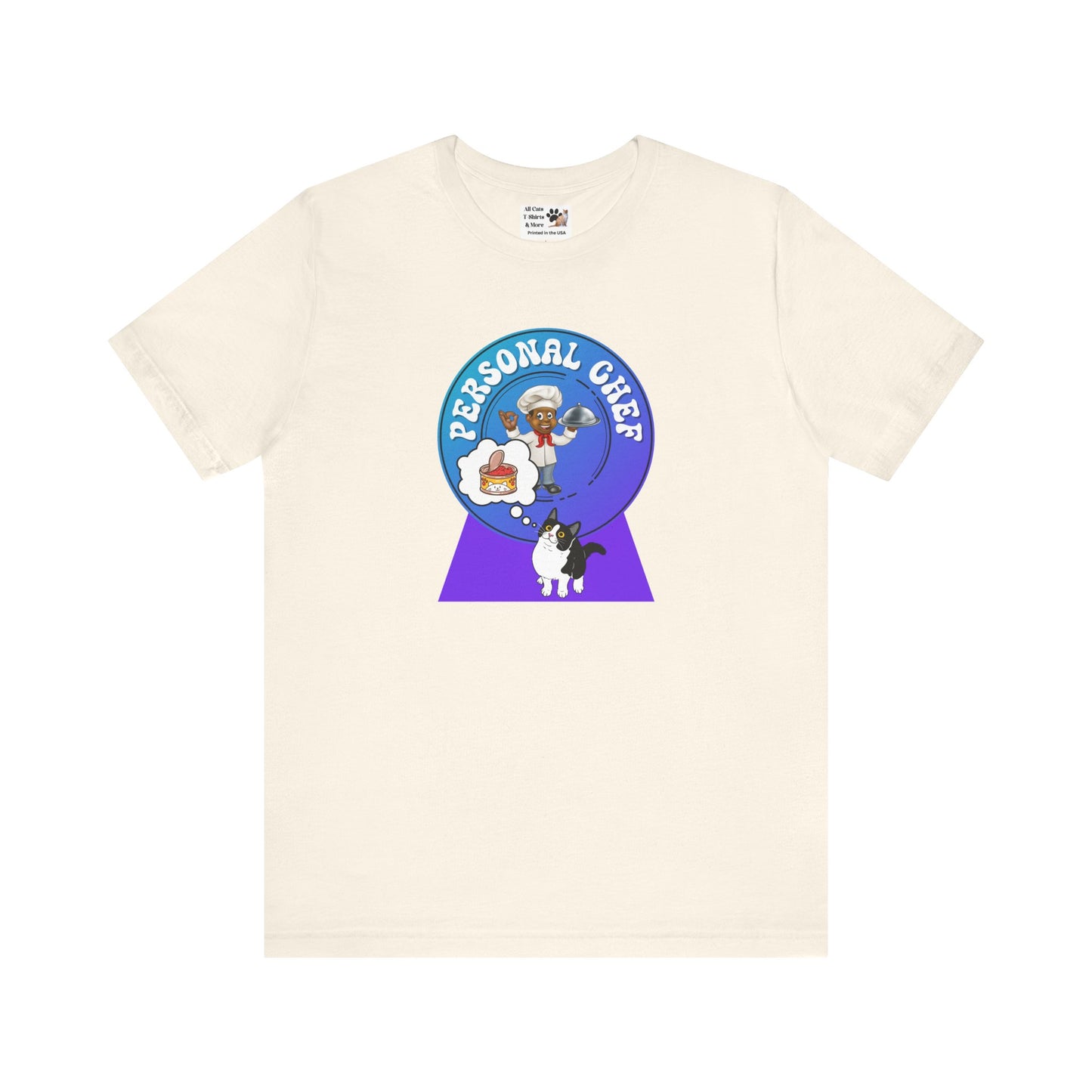 Personal Chef for Cats T-Shirt (#4 - Cat & Chef Blue Purple Design - Unisex Jersey Tee ā Perfect Cat Care Givers!)
