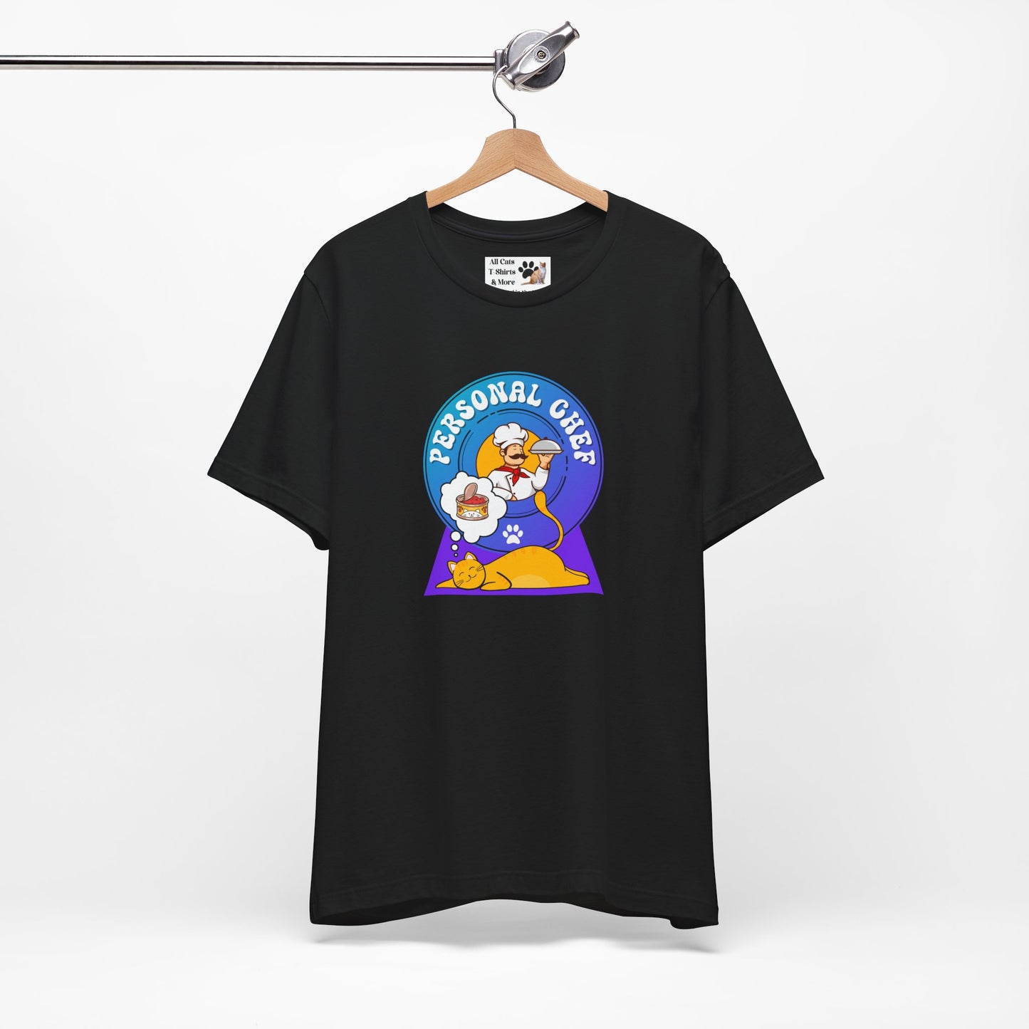 Personal Chef for Cats T-Shirt (#1 - Orange Cat Blue Purple Design - Unisex Jersey Tee ā Perfect Cat Care Givers!)