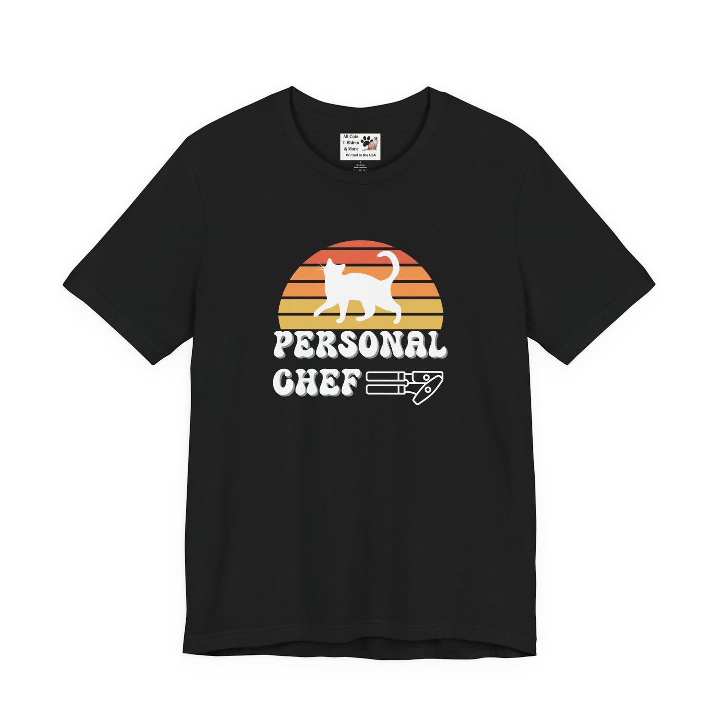 Vintage Sunset Personal Chef for Cats T-Shirt (#22 - Cat & Can Opener - Unisex Jersey Tee)