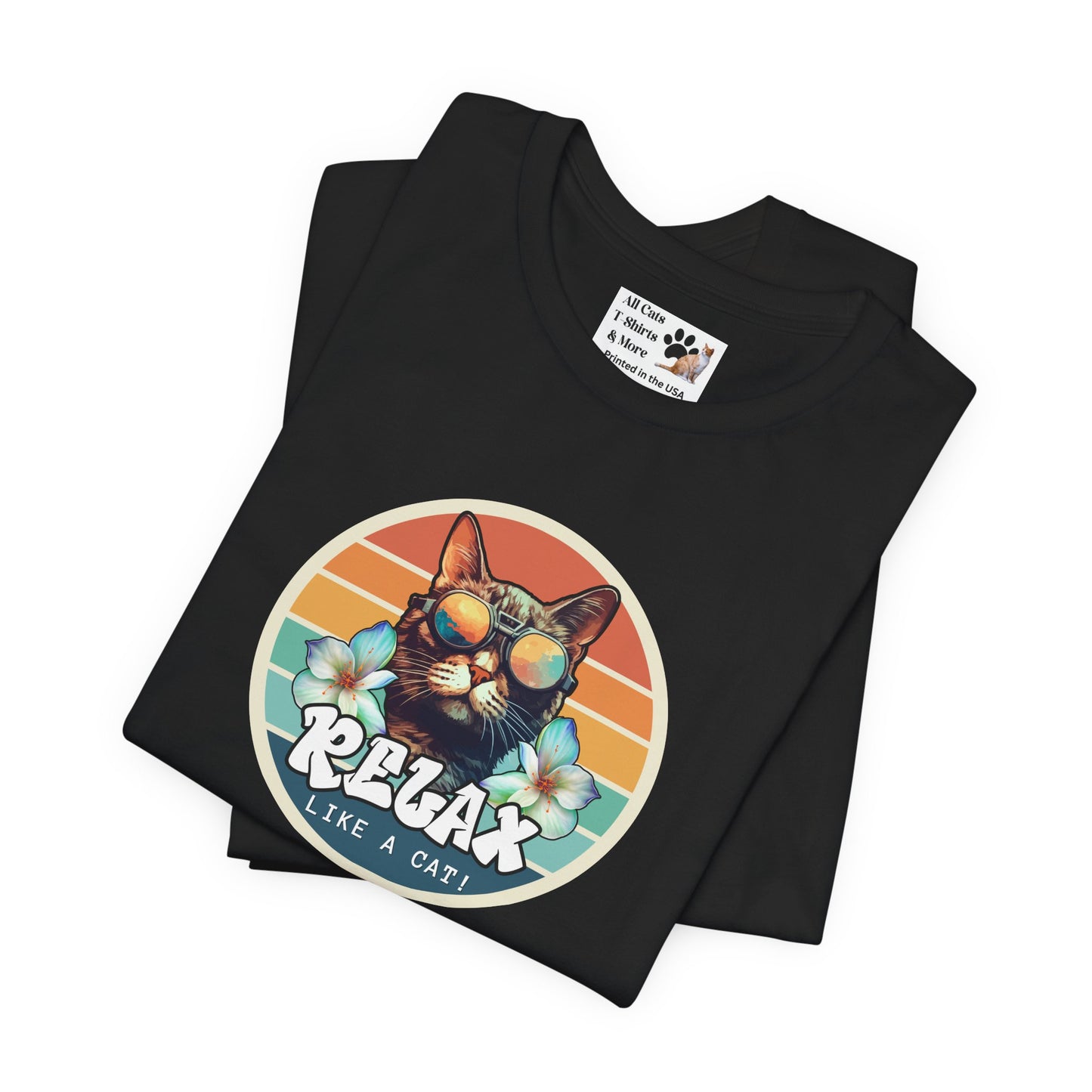 Relax Like a Cat T-Shirt - (Vintage Sunset Style Graphic, Chill Cat Graphic Tee, Unisex Casual Wear, Gift for Cat Lovers)