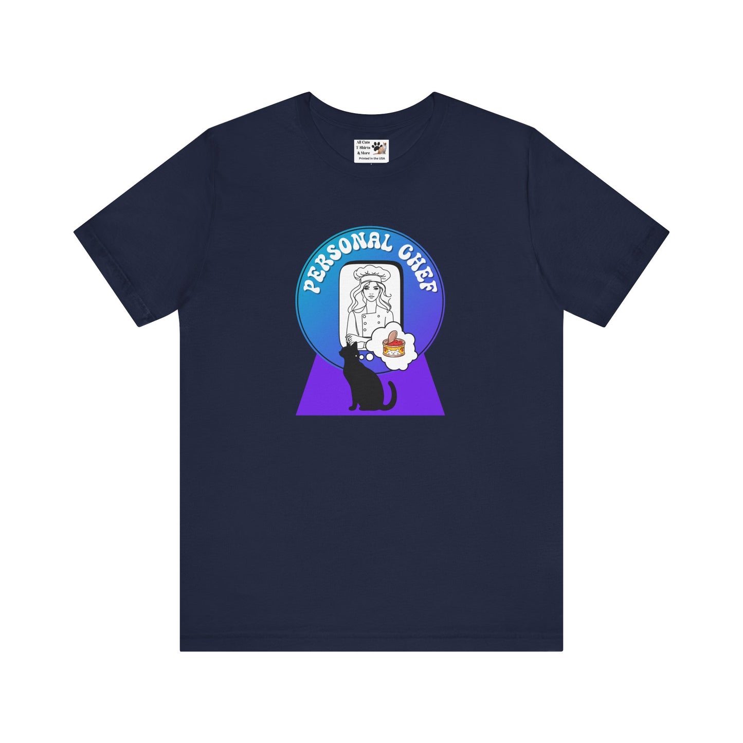Personal Chef for Cats T-Shirt - (#11 - Black Cat Silhouette & Chef Blue Purple Design - Unisex Jersey Tee – Perfect for Cat Care Givers!)