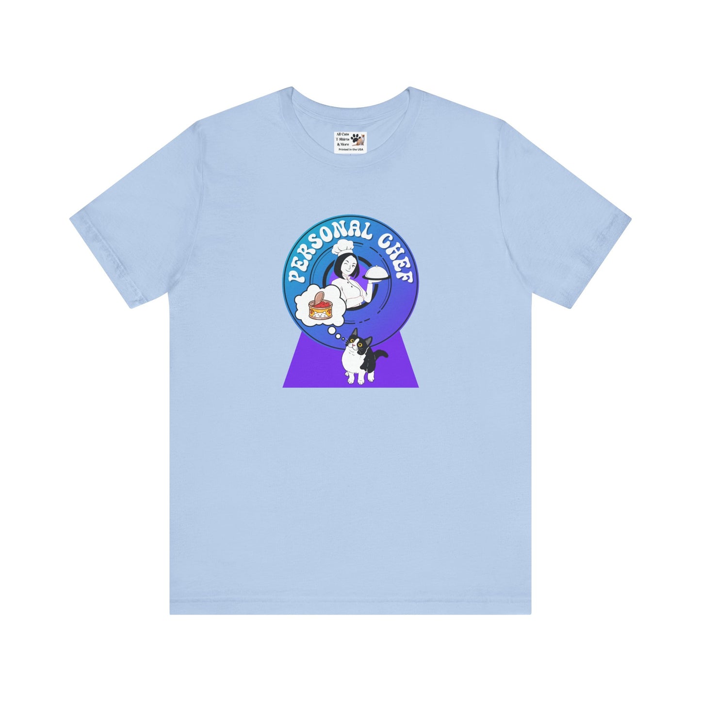 Personal Chef for Cats T-Shirt - (#8 - B/W Cat & Chef Blue Purple Design - Unisex Jersey Tee – Perfect for Cat Care Givers!)