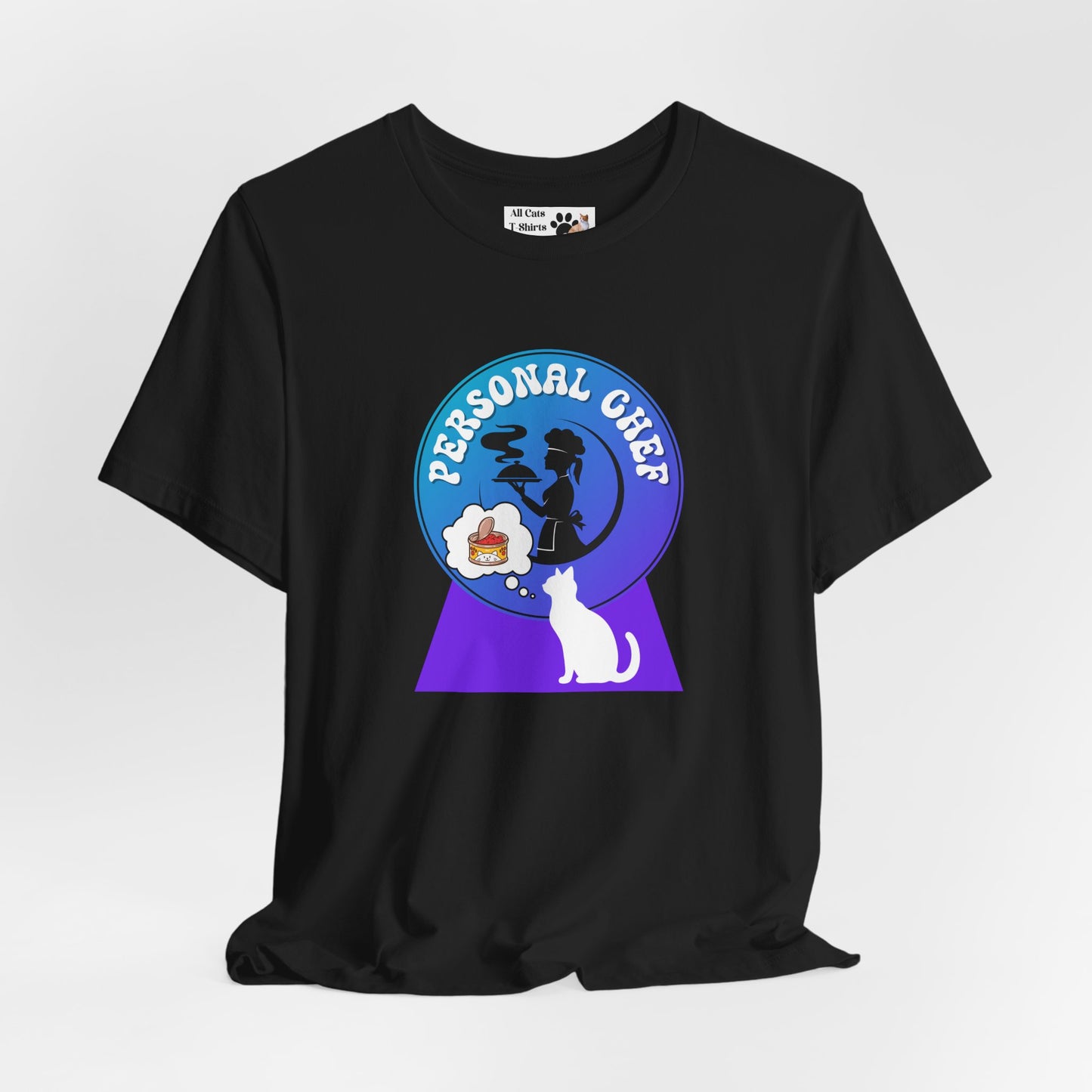 Personal Chef for Cats T-Shirt - (#10 - White Cat & Chef Silhouettes Blue Purple Design - Unisex Jersey Tee – Perfect for Cat Care Givers!)