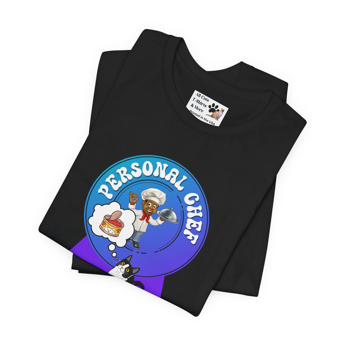 Personal Chef for Cats T-Shirt (#4 - Cat & Chef Blue Purple Design - Unisex Jersey Tee ā Perfect Cat Care Givers!)