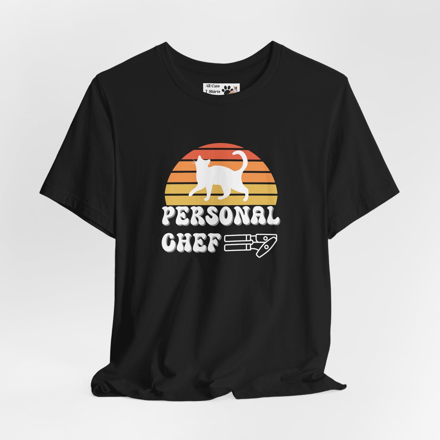 Vintage Sunset Personal Chef for Cats T-Shirt (#22 - Cat & Can Opener - Unisex Jersey Tee)