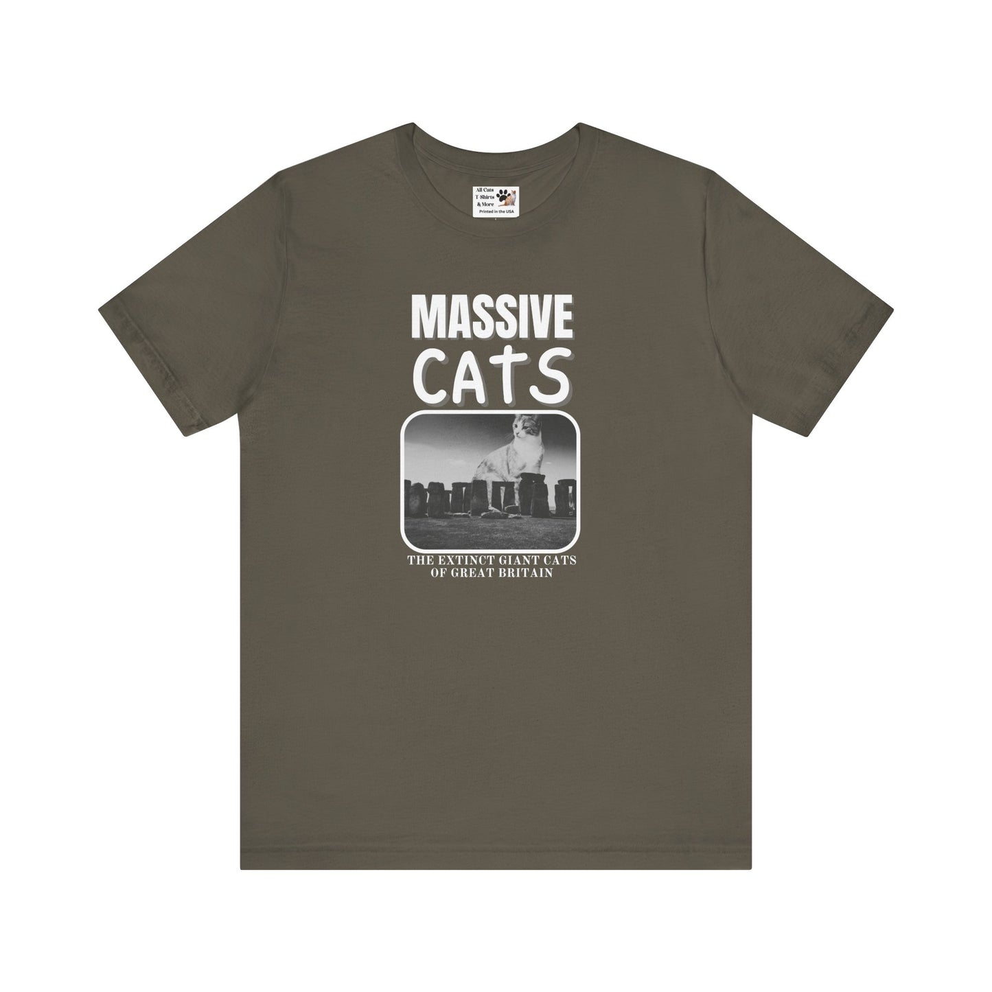 A Massive Cats T-Shirt - Huge Cat Sitting Behind Stone Henge - (Vintage Inspired, Funny Cat Unisex Jersey Tee - Perfect for Cat Fans!)