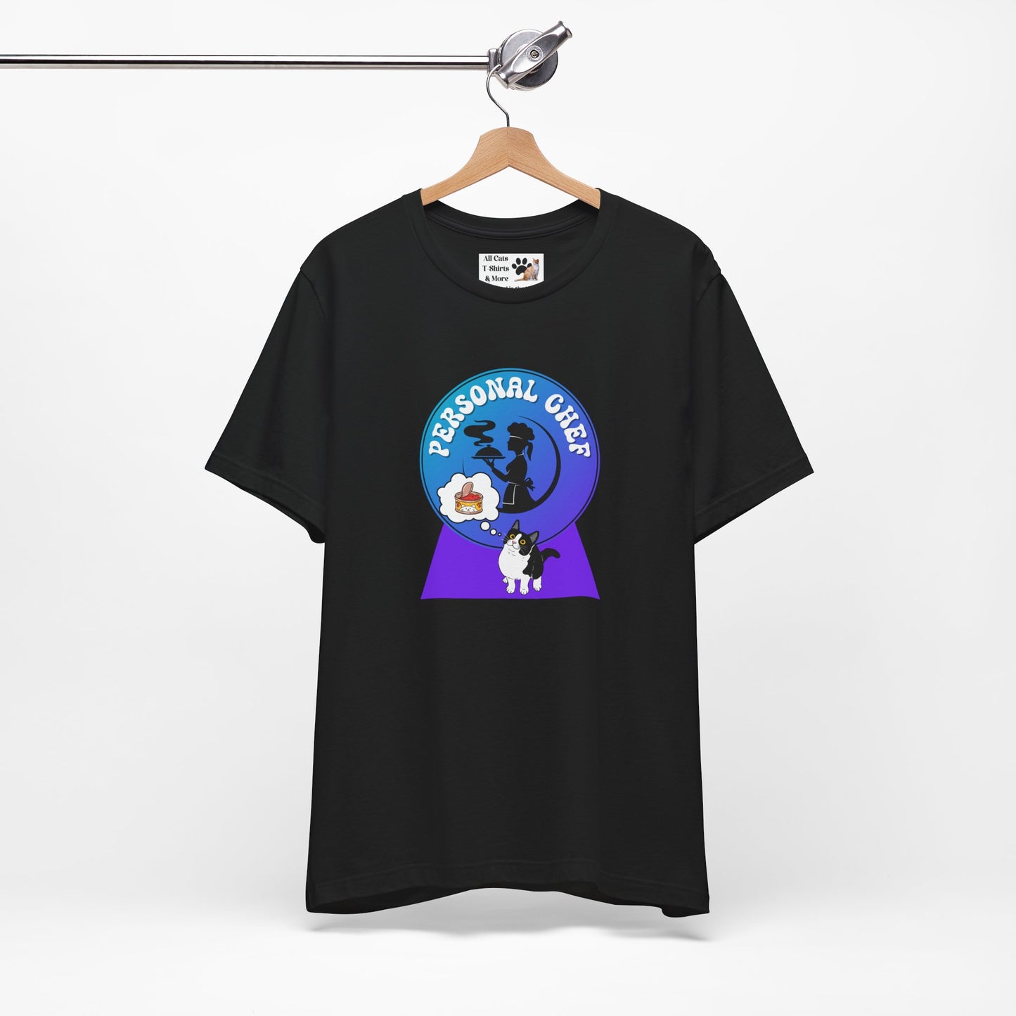 Personal Chef for Cats T-Shirt - (#9 - B/W Cat & Chef Silhouette Blue Purple Design - Unisex Jersey Tee ā Perfect for Cat Care Givers!)